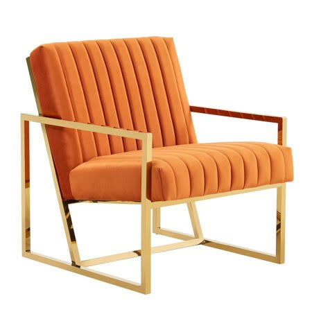 LeisureMod Montgomery Modern Velvet Pinstripe Design Accent Armchair with Gold Frame in Orange Marmalade