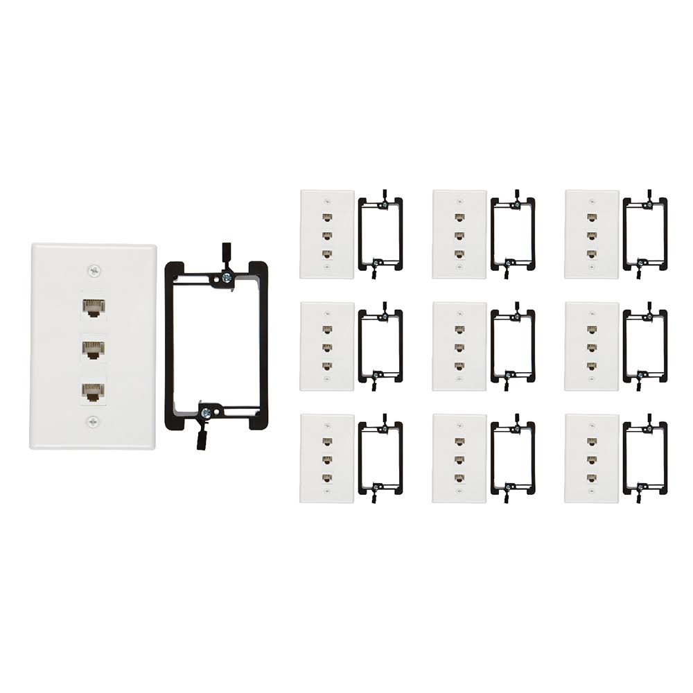 Buyer&s Point 3 Port Cat6 Wall PLATE, Female-Female White with Single Gang Low Voltage Mounting Bracket Device Pack of 10 White