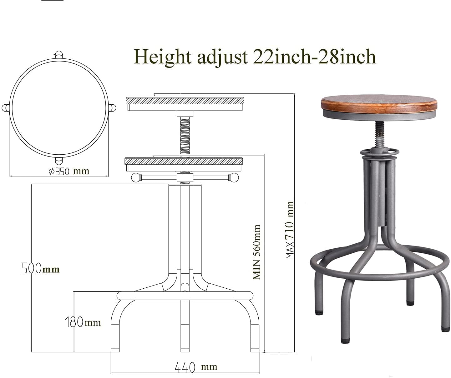 GWAREZ American Industrial Barstools Set of 2 -Rustic Swivel Bar Stool-Retro Kitchen Island Stool -Counter Height Adjustable Farmhouse Kitchen Stools Height 22-28 ,Backless(Silvery(2pcs))