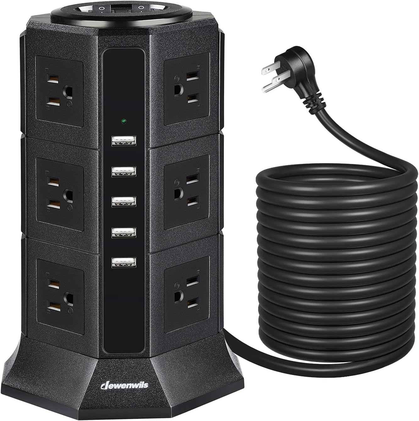 DEWENWILS 16FT Power Strip Tower, 12-Outlet Charging Station with 5-USB Ports, 2 Switch Control, Flat Plug, 1500J Surge Protector, 15A Overload Protection, ETL Listed, Black Pack of 2