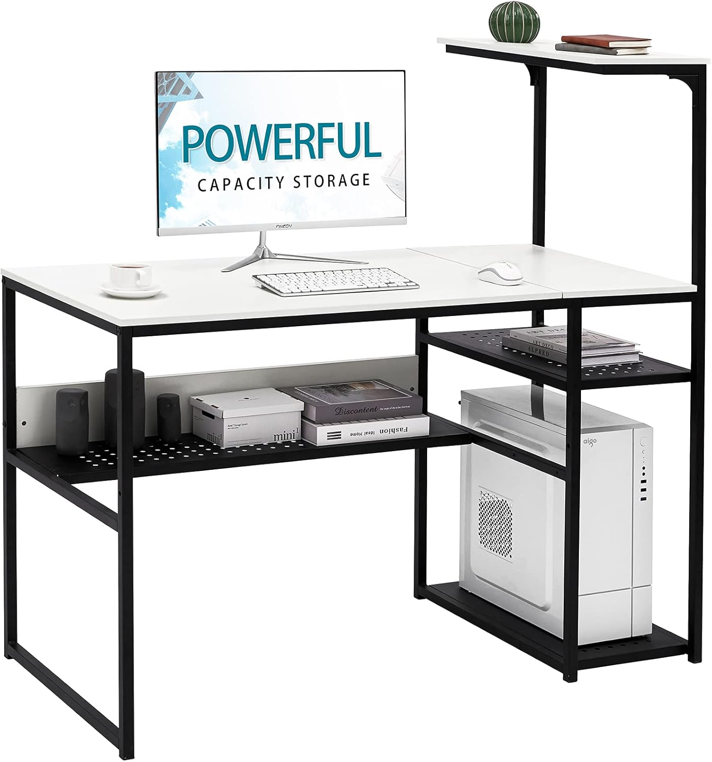 SINPAID White Computer Desk with Storage Shelves 40 Inch Home Office Desk Writing Table for Small Spaces, Student Study Desk with Bookshelves and CPU Stand Small Desk (40 Inch, White & Orange)