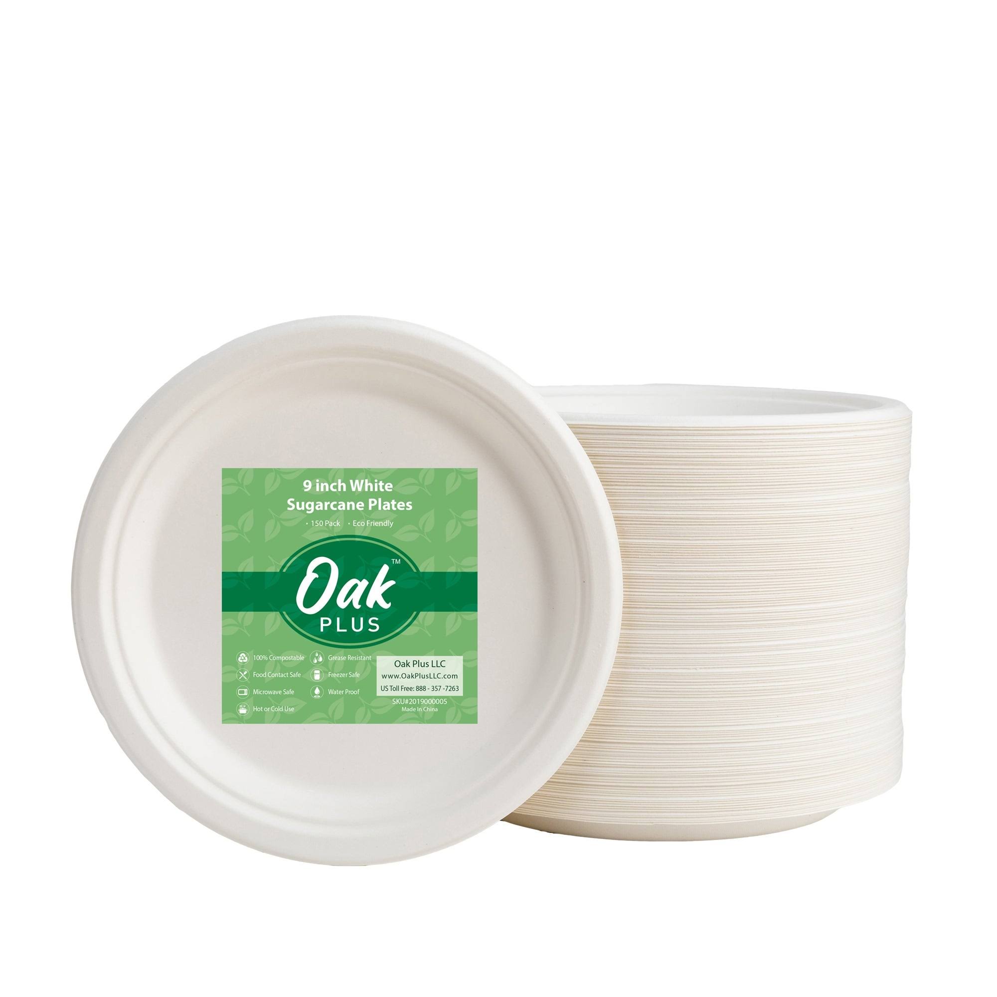 Oak Plus 9 inch White Compostable u0026 Disposable Sugarcane Plates, 300 Pack