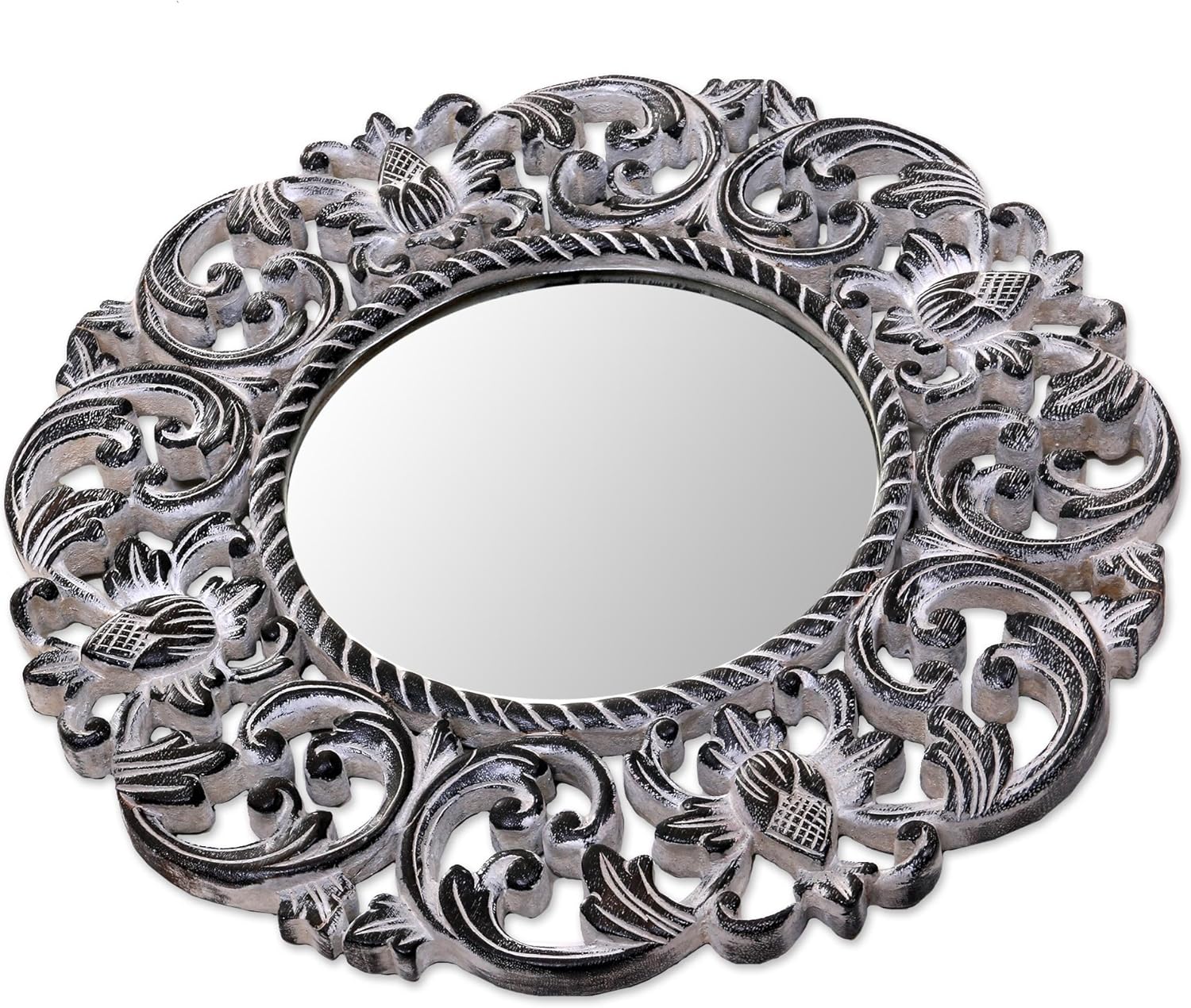 NOVICA Floral Wood Wall Mounted Mirror from Indonesia, Black and White 'Black Balsamina Buds'