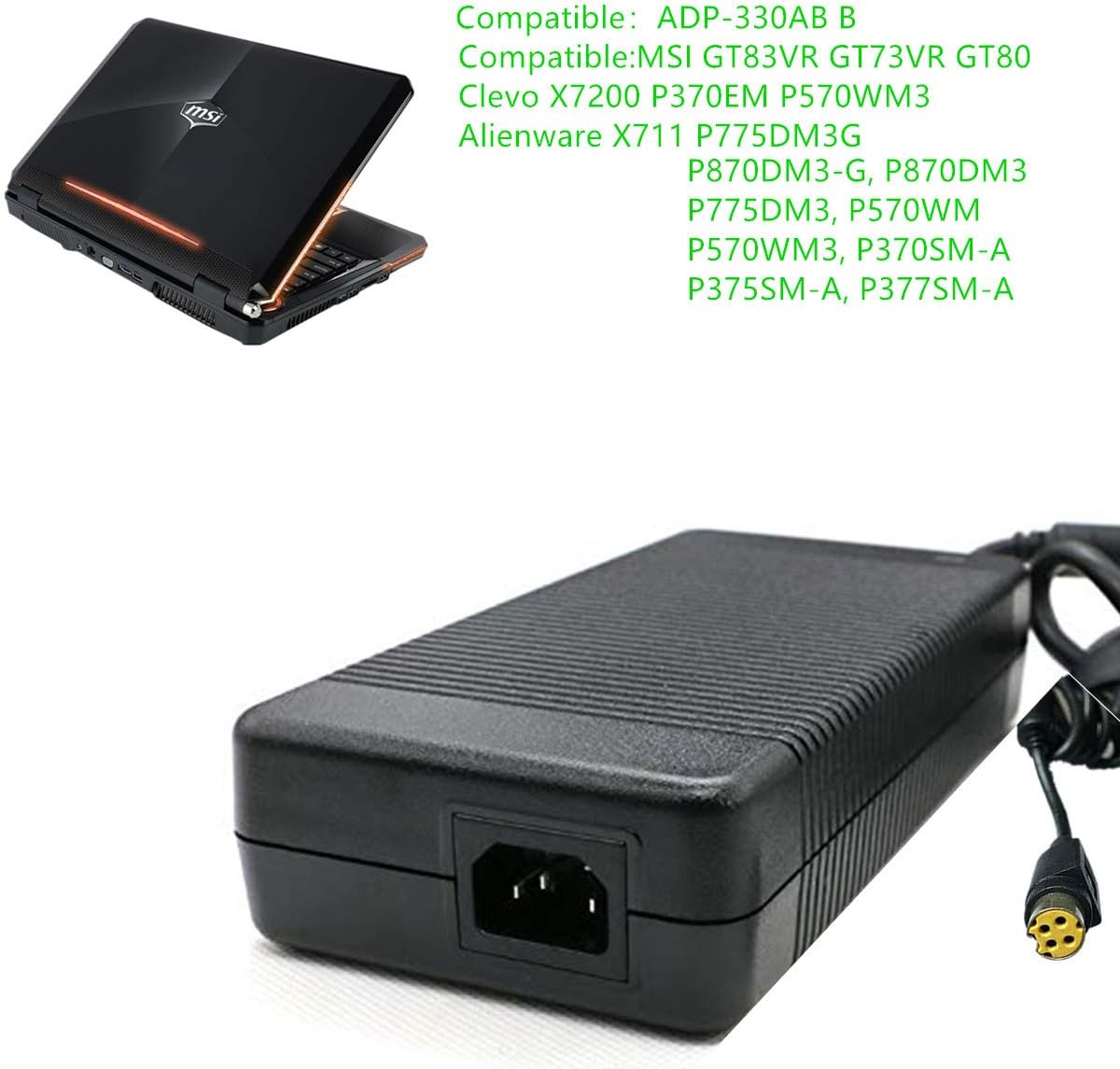 330W Power AC Adapter Supply Compatible for MSI Alienware X711 DM3G GT83VR GT73VR GT80 Clevo P370SM-A P775DM3 ADP-330AB D Charger Supply 4 Holes Clevo X7200 P370EM Pack of 2