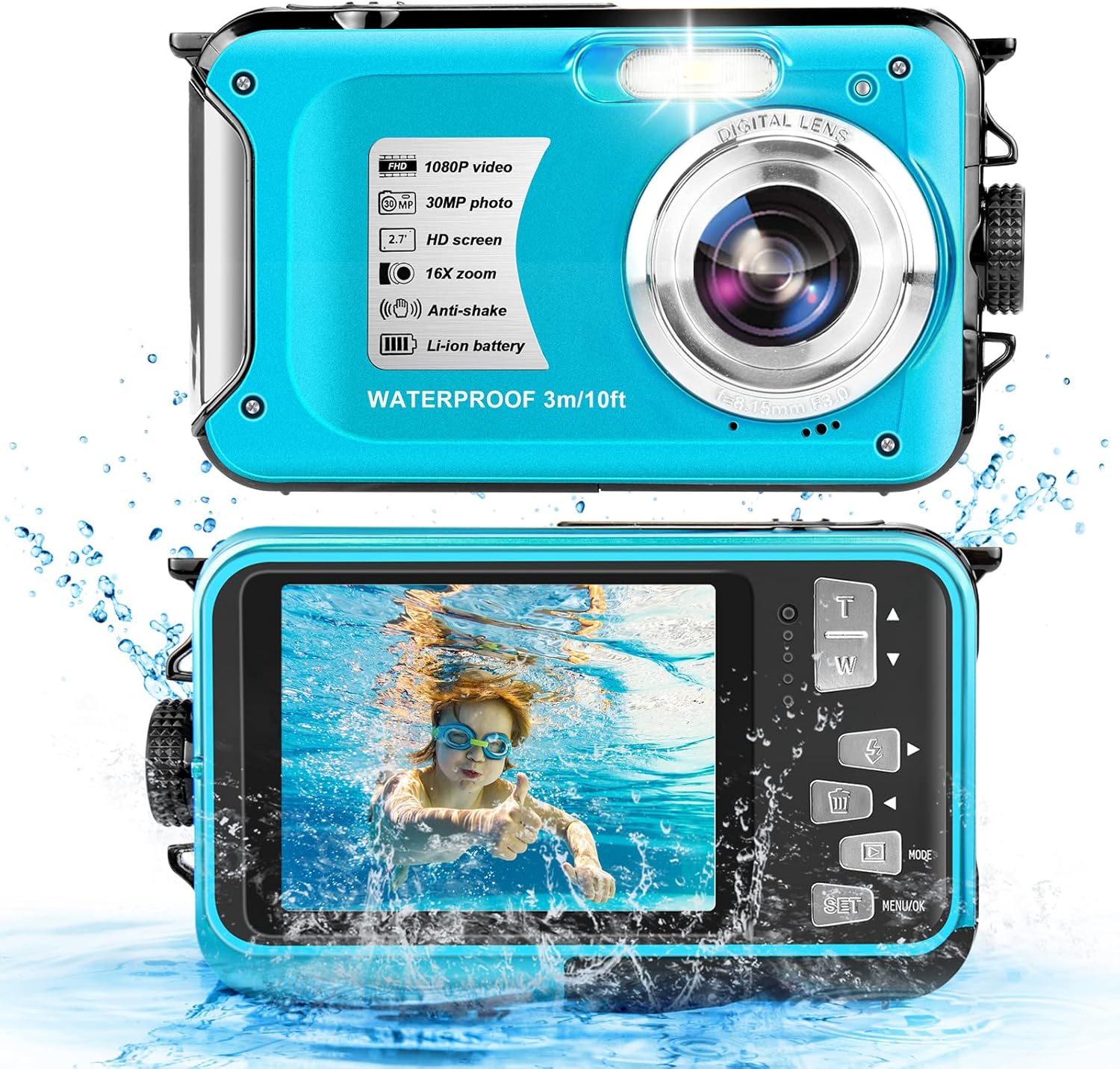 Waterproof Camera 1080P Full HD 10FT Underwater Camera 30MP Video Resolution 16X Zoom Waterproof Digital Camera for Snorkeling,Vacation(Blue) Pack of 2