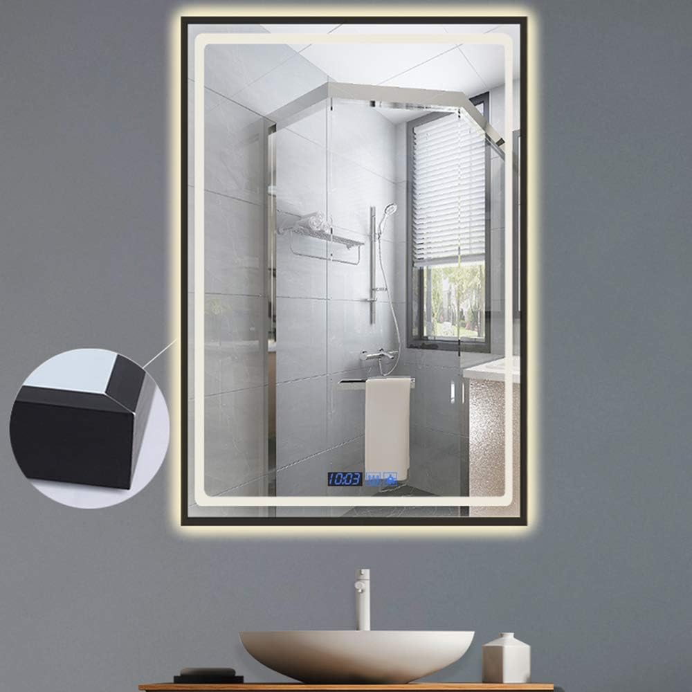 Bathroom mirror Wall Mount LED Lighted Vanity Defogger Rectangle Lights Touch Light Mirror / 90&times;70 cm - Black Metal Frame/Hotel, Home