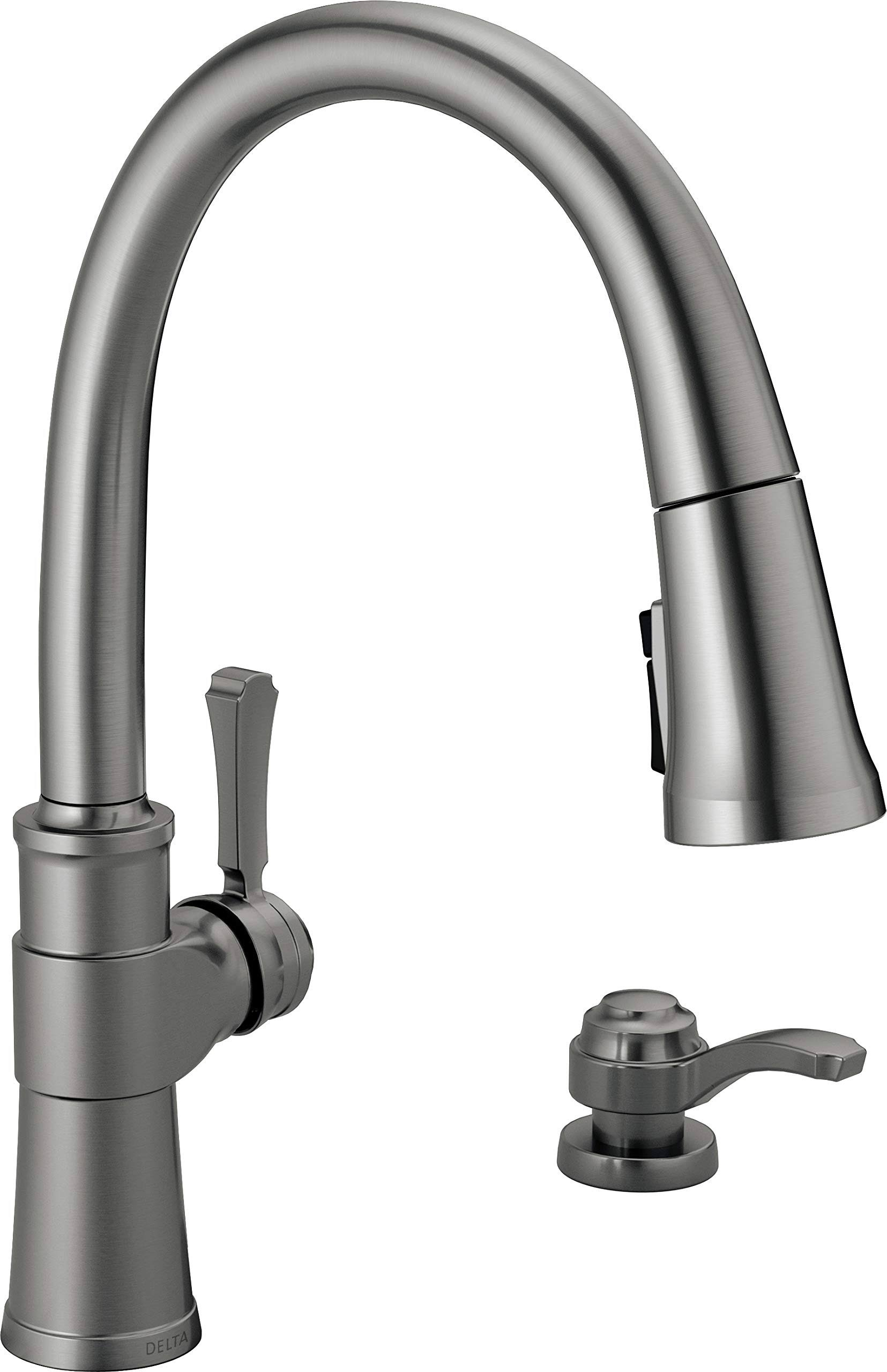 Delta Spargo Single-Handle Pull-Down Sprayer Kitchen Faucet with ShieldSpray and Soap Dispenser in Black Stainless