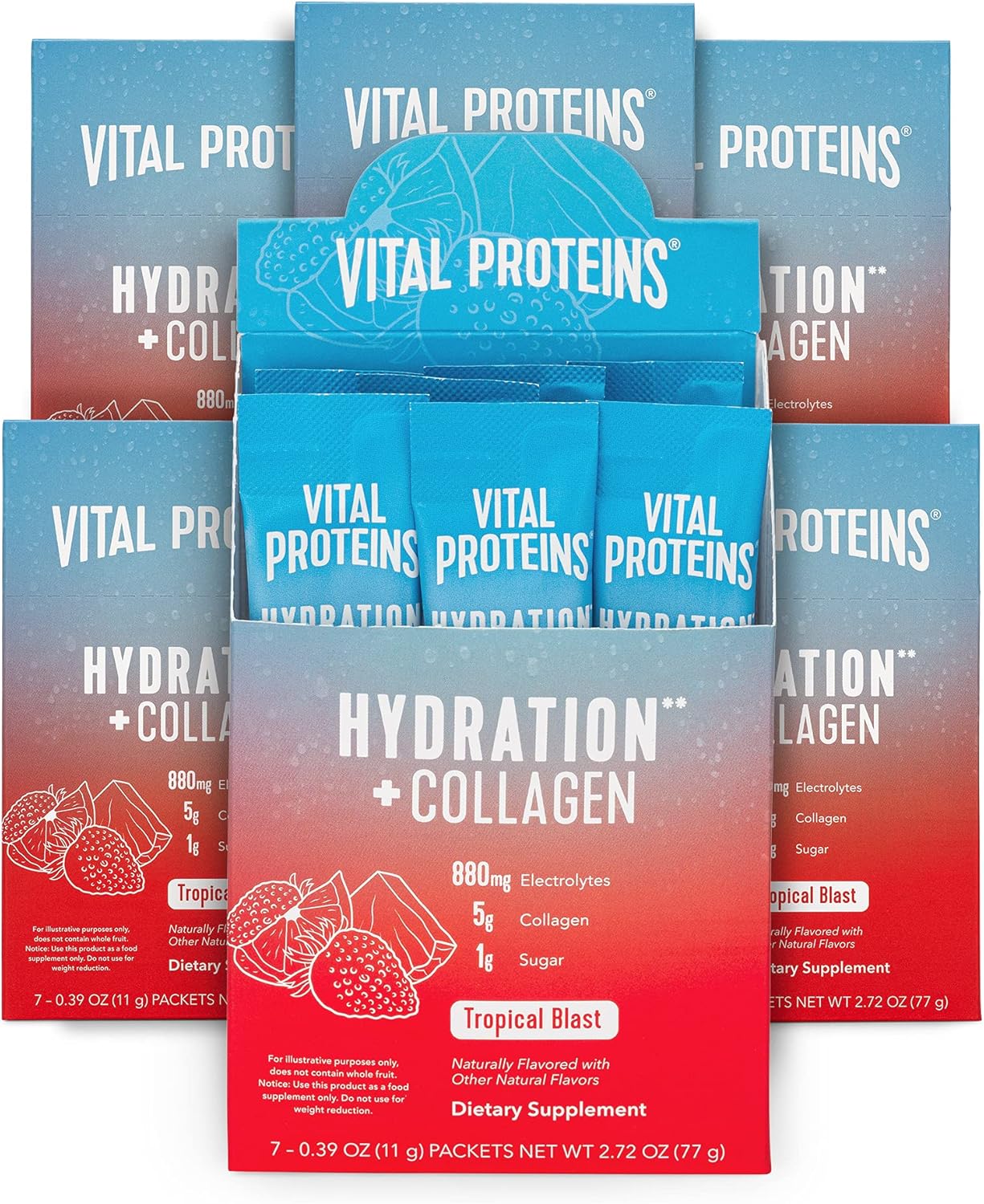 Vital Proteins Hydration + Collagen Powder Packets, Low Sodium Supplement Electrolyte Drink Mix Powder, 1g Functional Sugar, 880mg Electrolytes, 100% DV Vitamin C - Tropical Blast, 42 Count Pack of 2