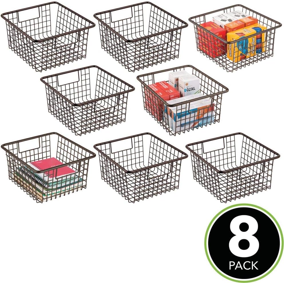 mDesign Farmhouse Metal Wire Storage Organizer Bin Basket Holder with Handles - for Home, Office Supplies, Desk, Paper, Colored Pencils, Markers, Tape, Folders, Notepads - Medium, 8 Pack - Bronze Pack of 2