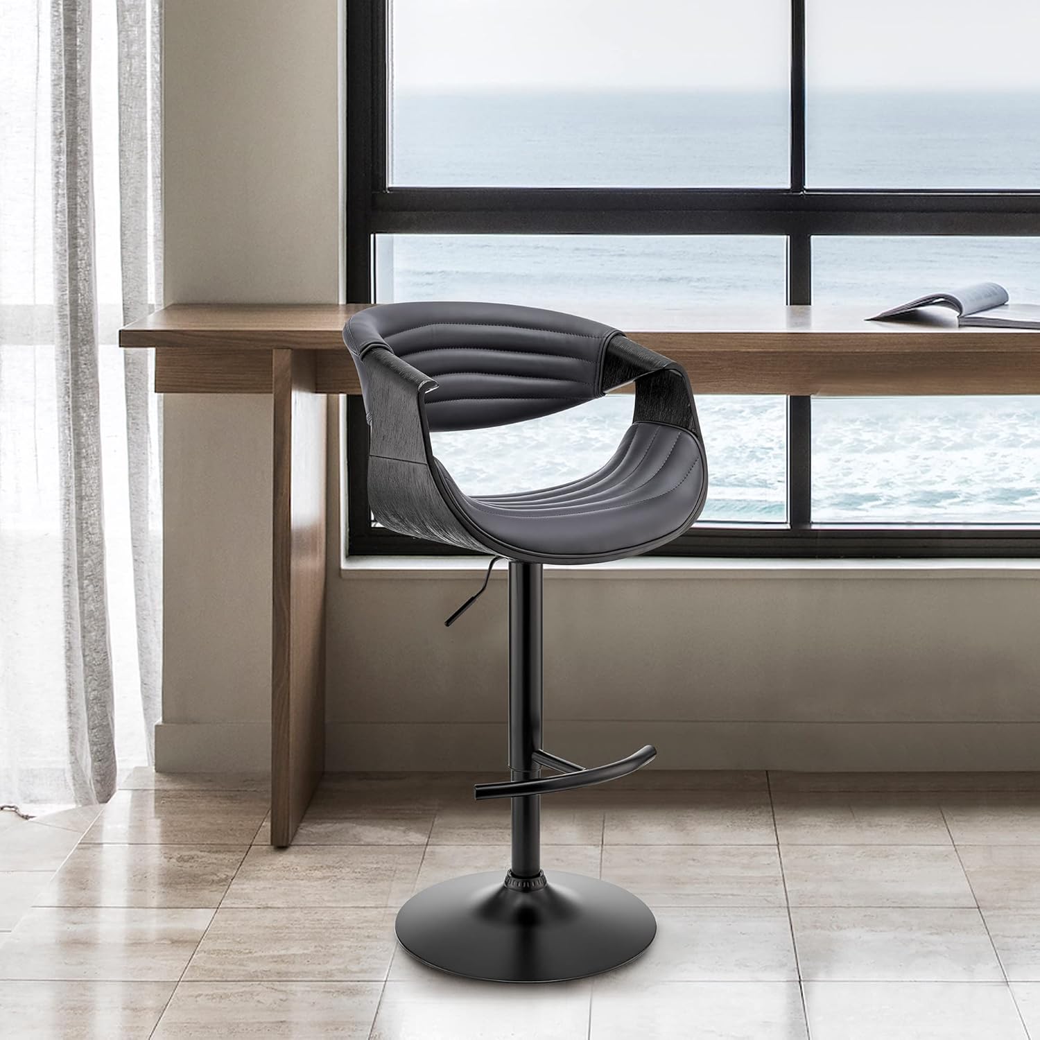 Gionni Adjustable Swivel Grey Faux Leather and Black Wood Bar Stool with Black Base
