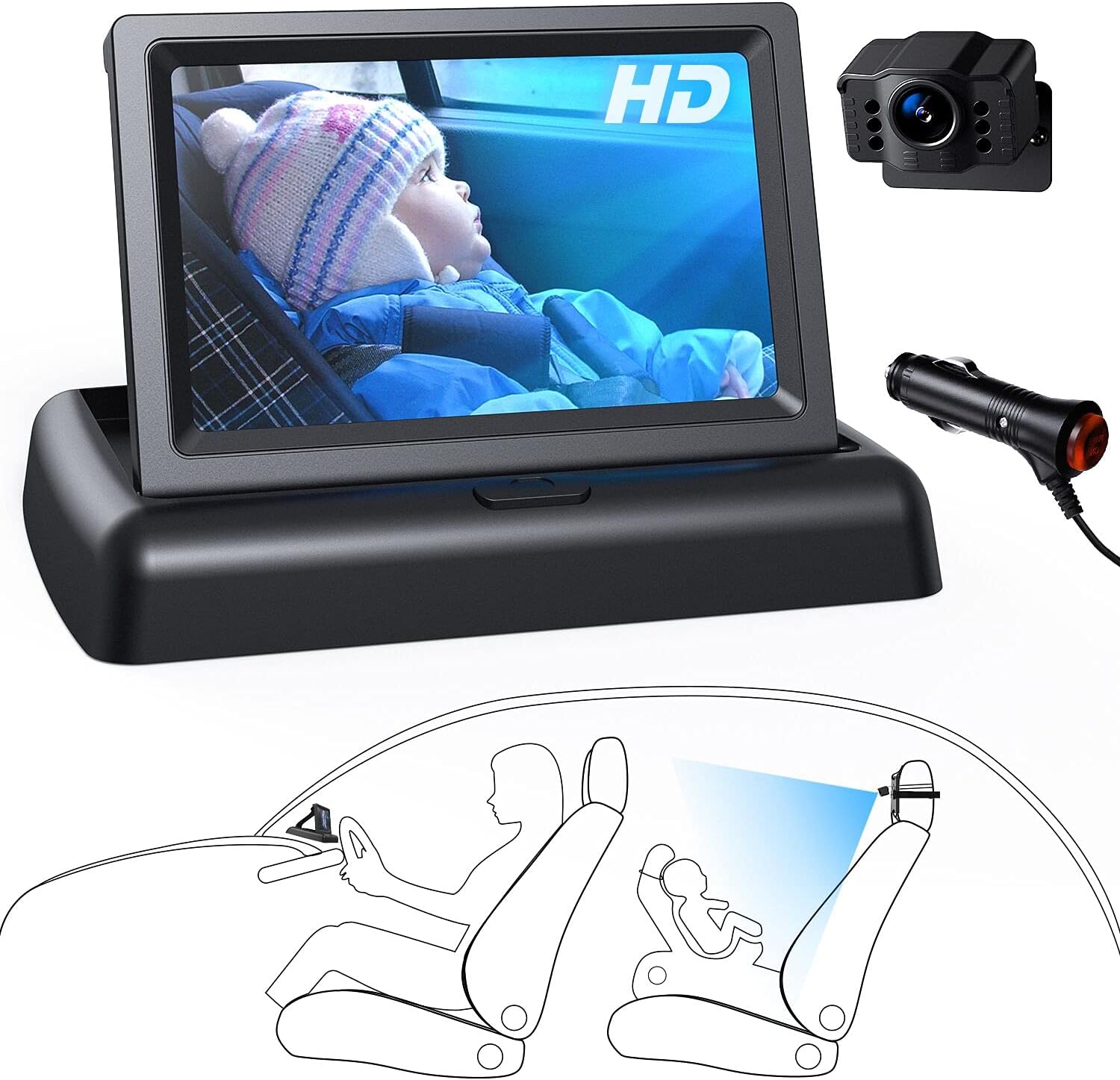 HD baby car camera mirror with monitor for car back seat backseat carseat rear view facing infant video Night Vision Easy car charger Installation