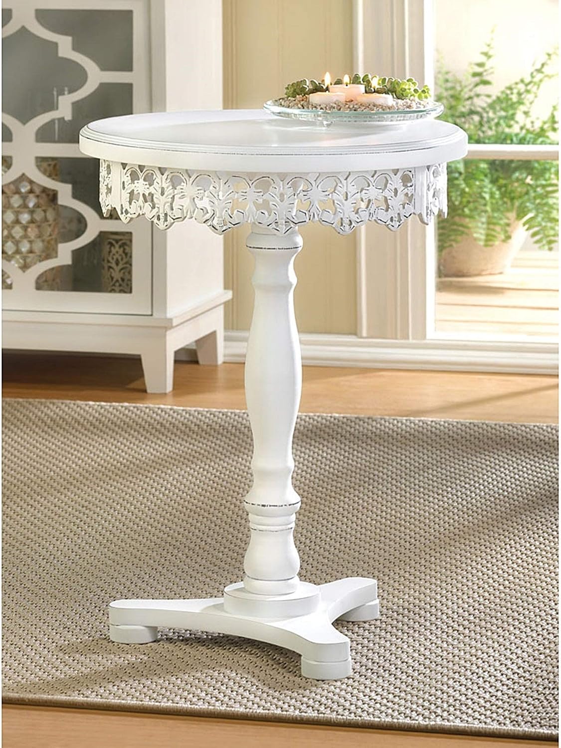 BSD National Supplies Lacy Antique White Finish Wooden Round Side Table