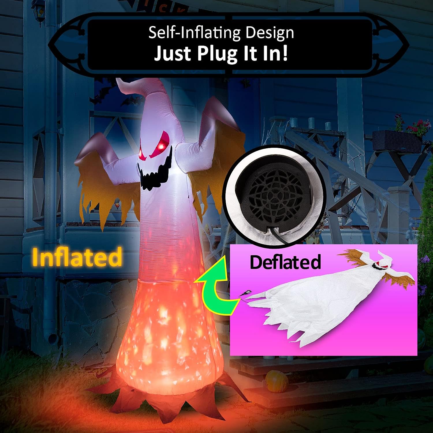 Design Accents Inflatable Halloween Decorations - 8 ft. Tall Ghost Inflatable Decoration with LED Flame Lighting Effect, Self-inflating Fan and Adapter Included Pack of 2