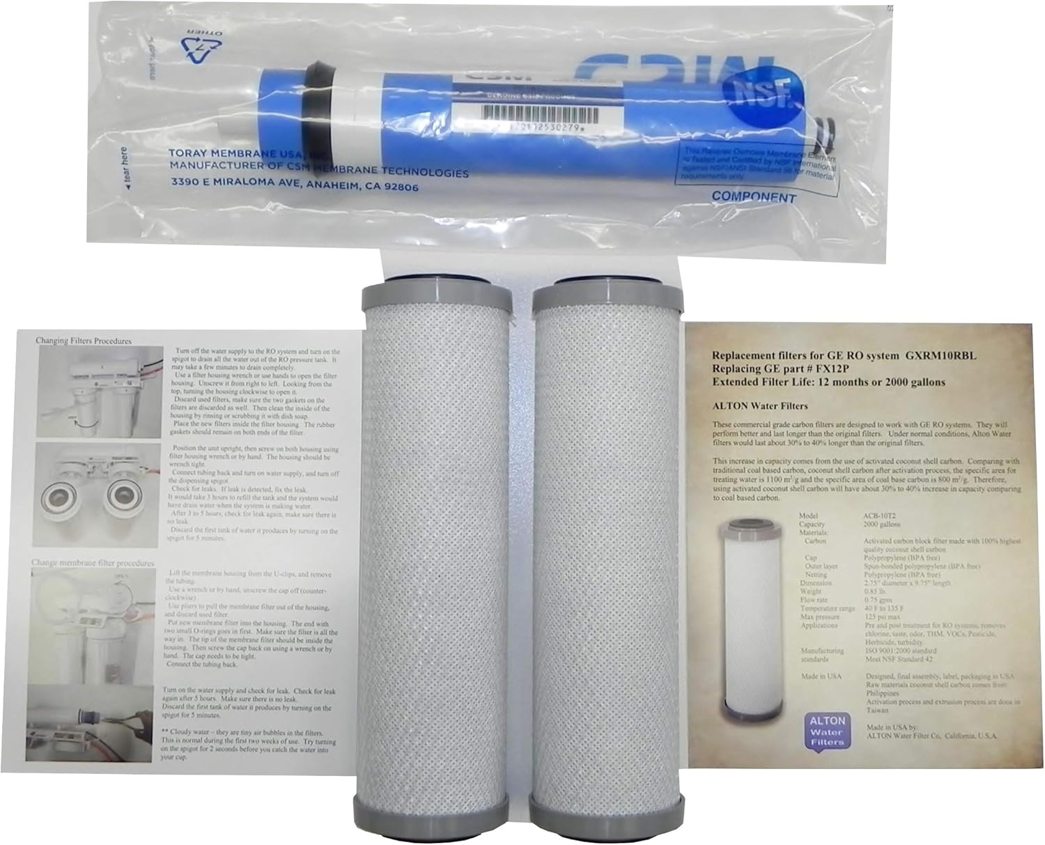 Combo Pack FX12M and FX12P Alton Brand Compatible Replacement Filters for GXRM10RBL GXRM10G RO systems, 2 Carbon Filters, 1 RO Membrane Filter Pack of 2