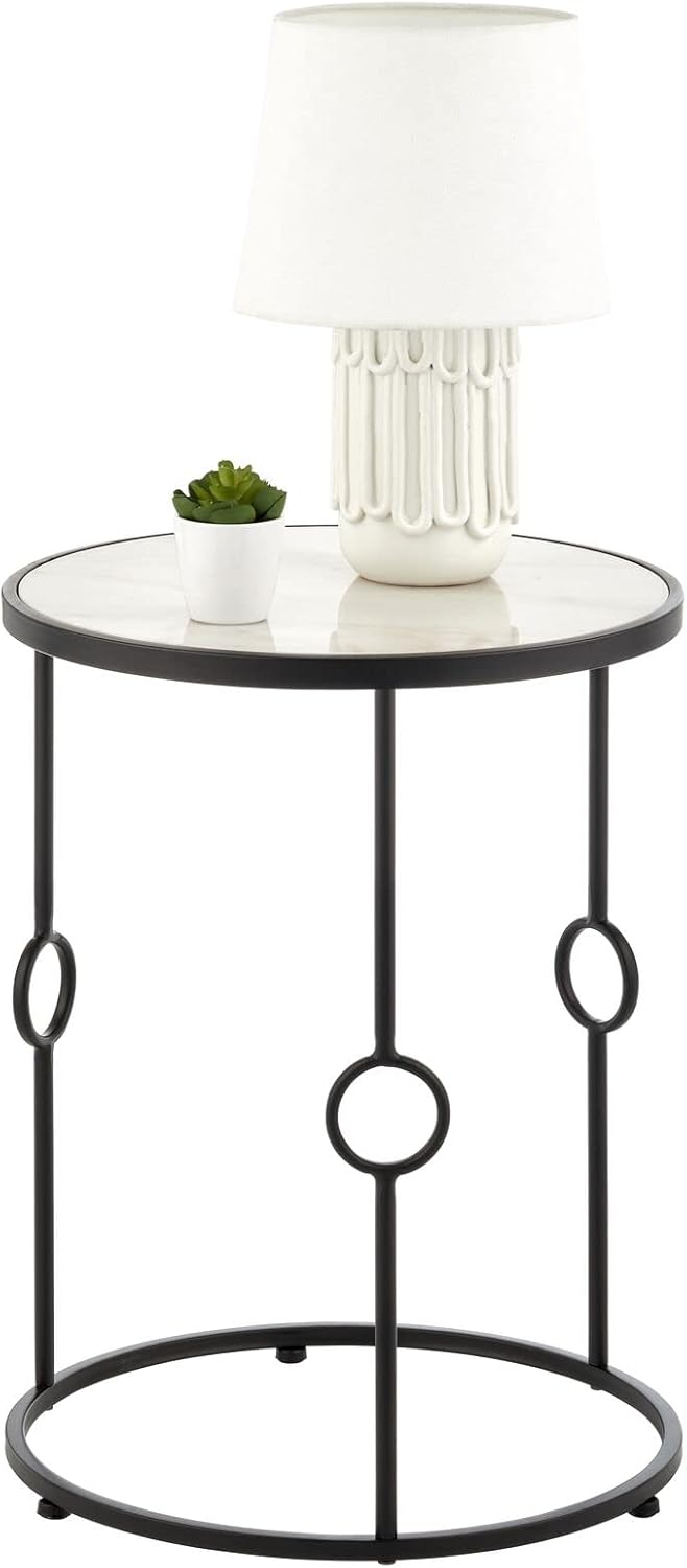 mDesign Round Metal & Marble in-Lay Accent Table - Side/End Table - Decorative Legs, Marble Top - Home Decor Accent Furniture for Living Room, Bedroom - Brass/Marble