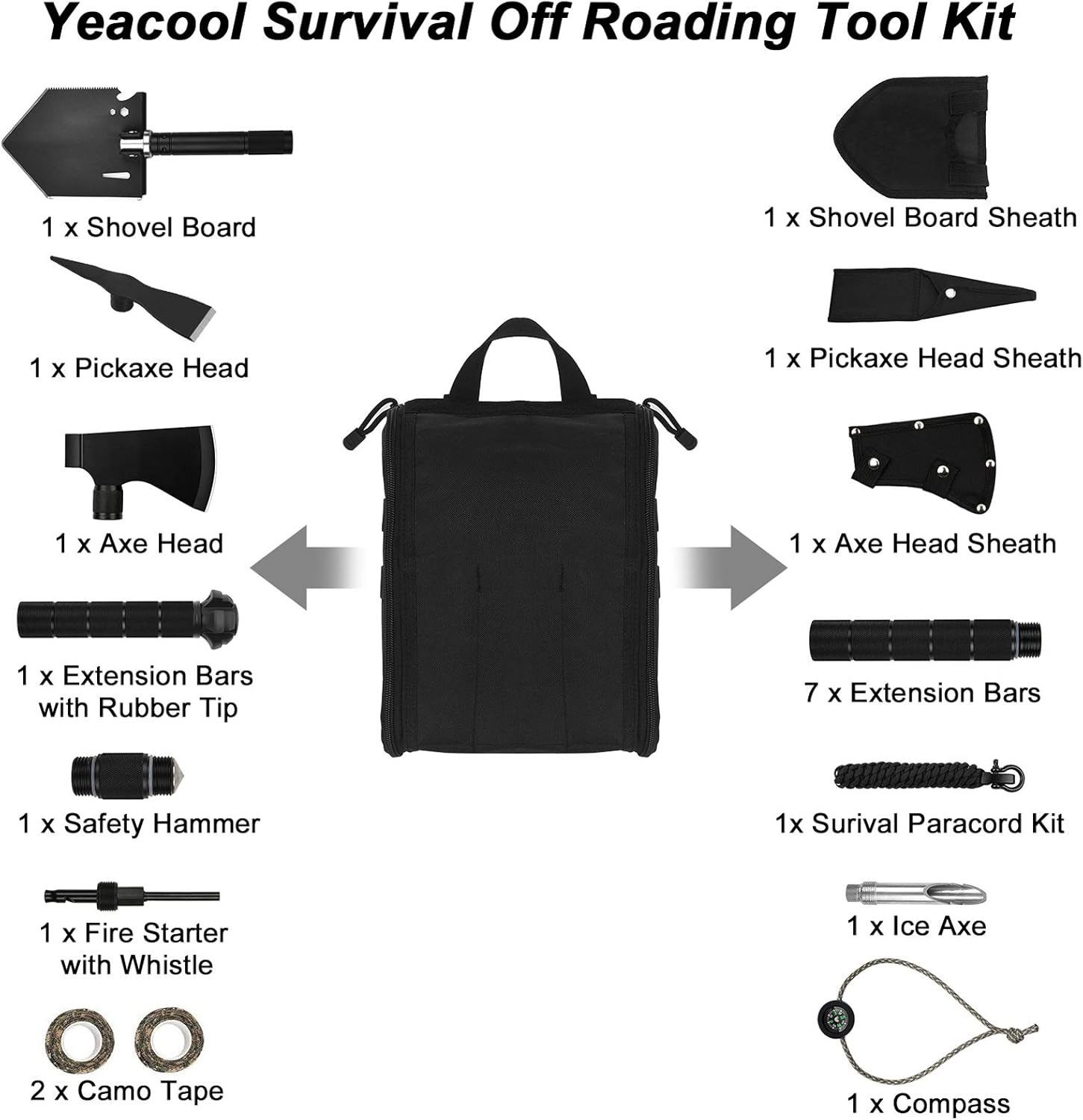 Yeacool Survival Shovel Multitool, Camping Shovels and Axe, Folding Off-Roading Kit, Tactical Hatchet, Military Spade Pickaxe with Molle Carrying Bag, for Metal Detecting, Car Emergency Outdoor