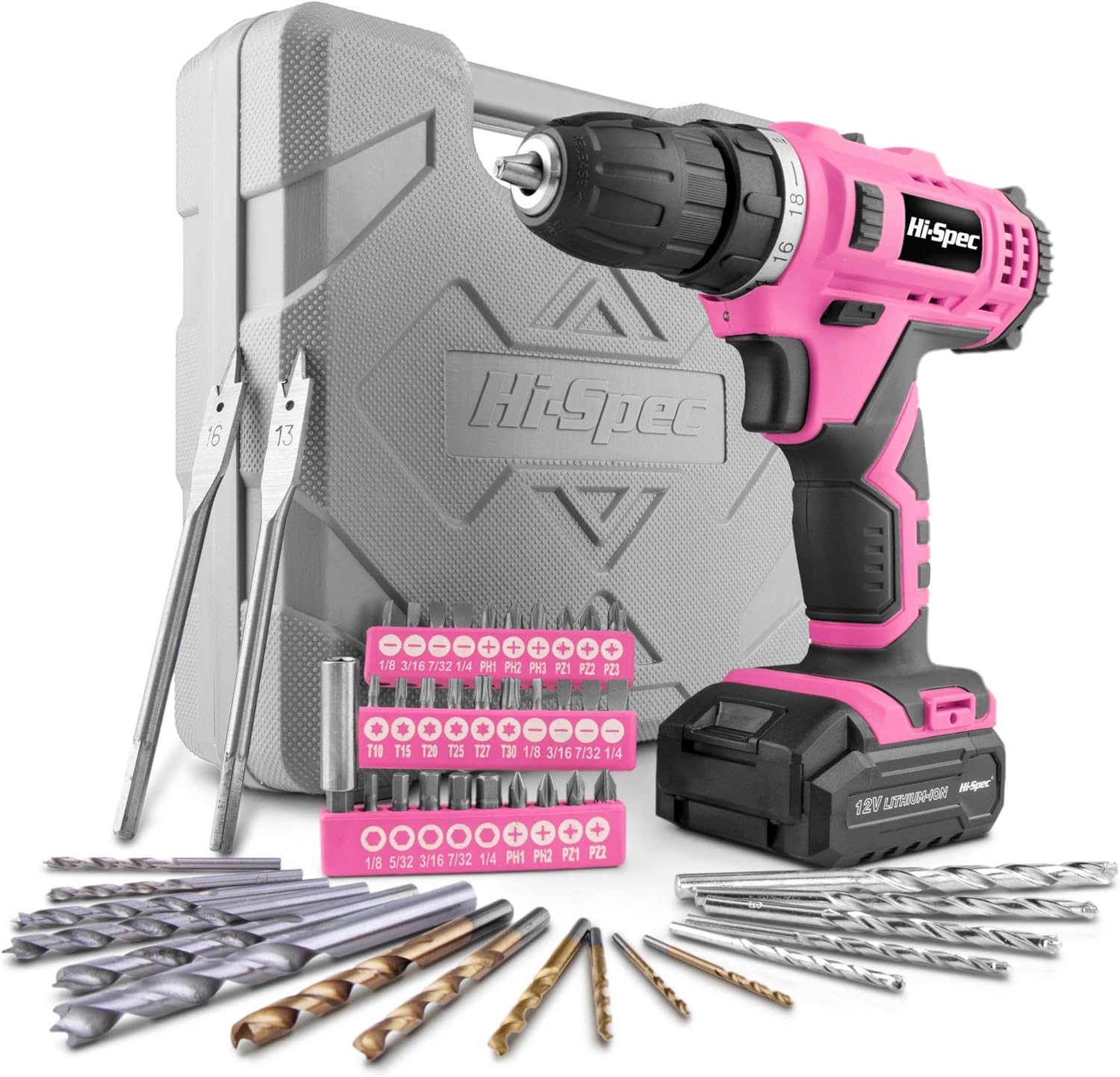 Hi-Spec 50 Piece 12V Pink Drill Driver & Multi Bit Set. High Speed Cordless & Rechargeable Electric Power Screwdriver & Drill for Household DIY. Complete in a Carry Case Pack of 2