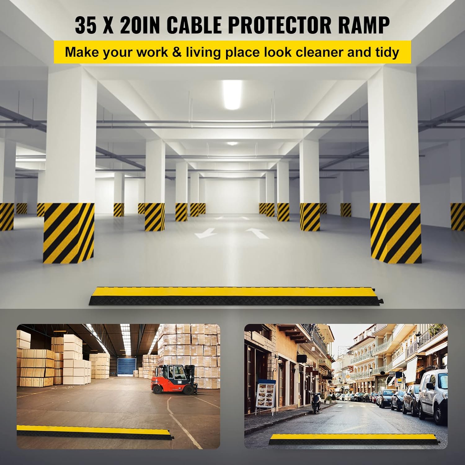 Happybuy Extreme Heavy Duty Protective Wire Cord Ramp Driveway Rubber Traffic Speed Bumps Cable Protector (5-Channel, 1Pack-18000Lb), 5channel-1pc-ramp, Black and Yellow Pack of 2