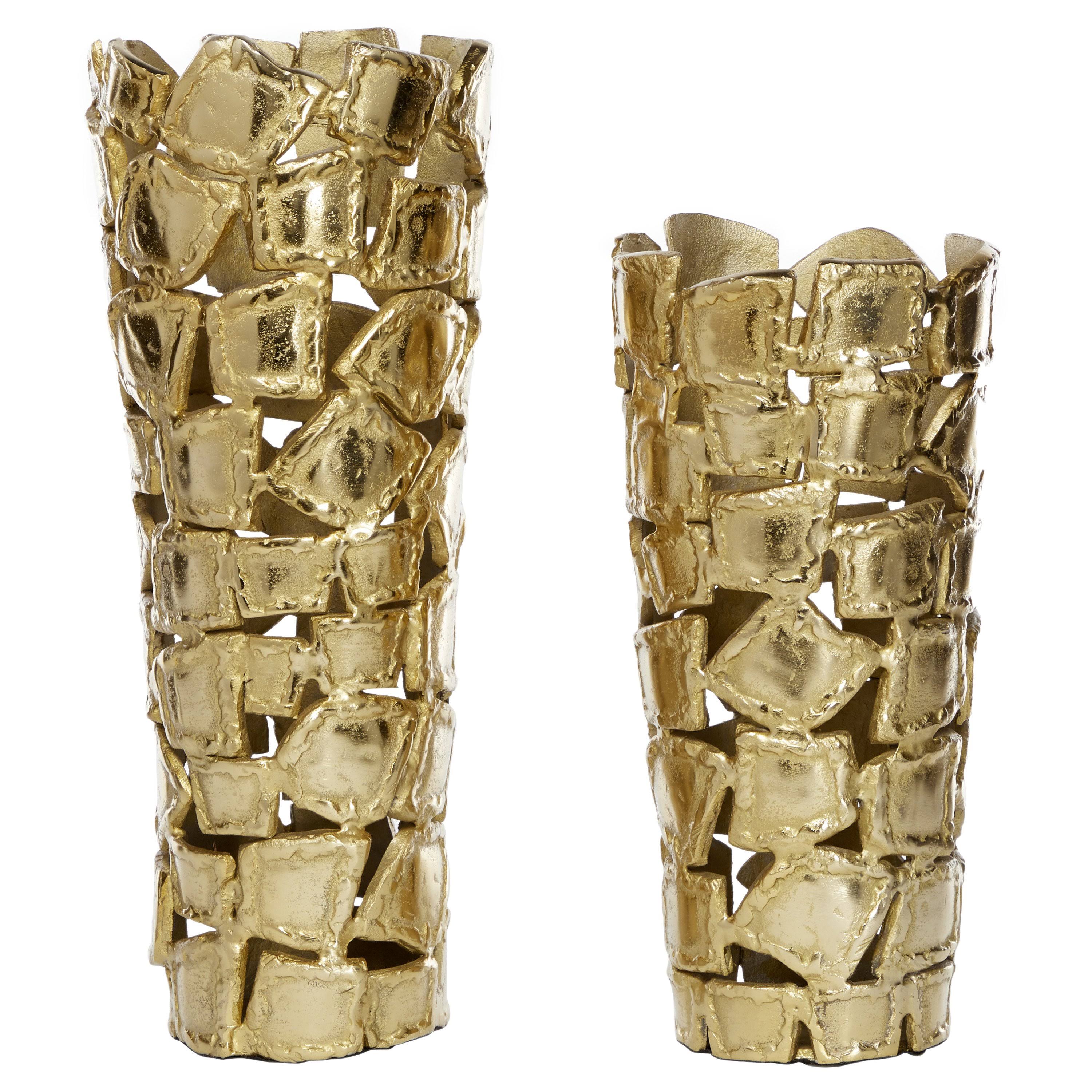 Venus Williams Tall Gold Aluminum Metal Vase with Abstract Rectangular Textured Pattern Set of 2 17 20 | 80743