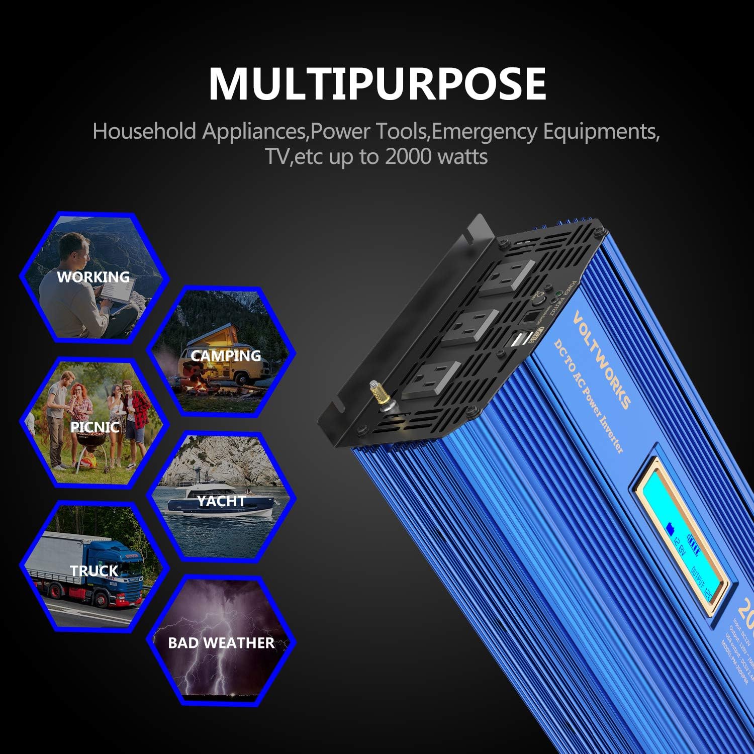 Power Inverter 2000w DC 12V to AC 120V Modified Sine Wave Inverter with LCD Display Remote Control 3AC Outlets Dual 2.4A USB Ports for Car RV Truck Boat by VOLTWORKS