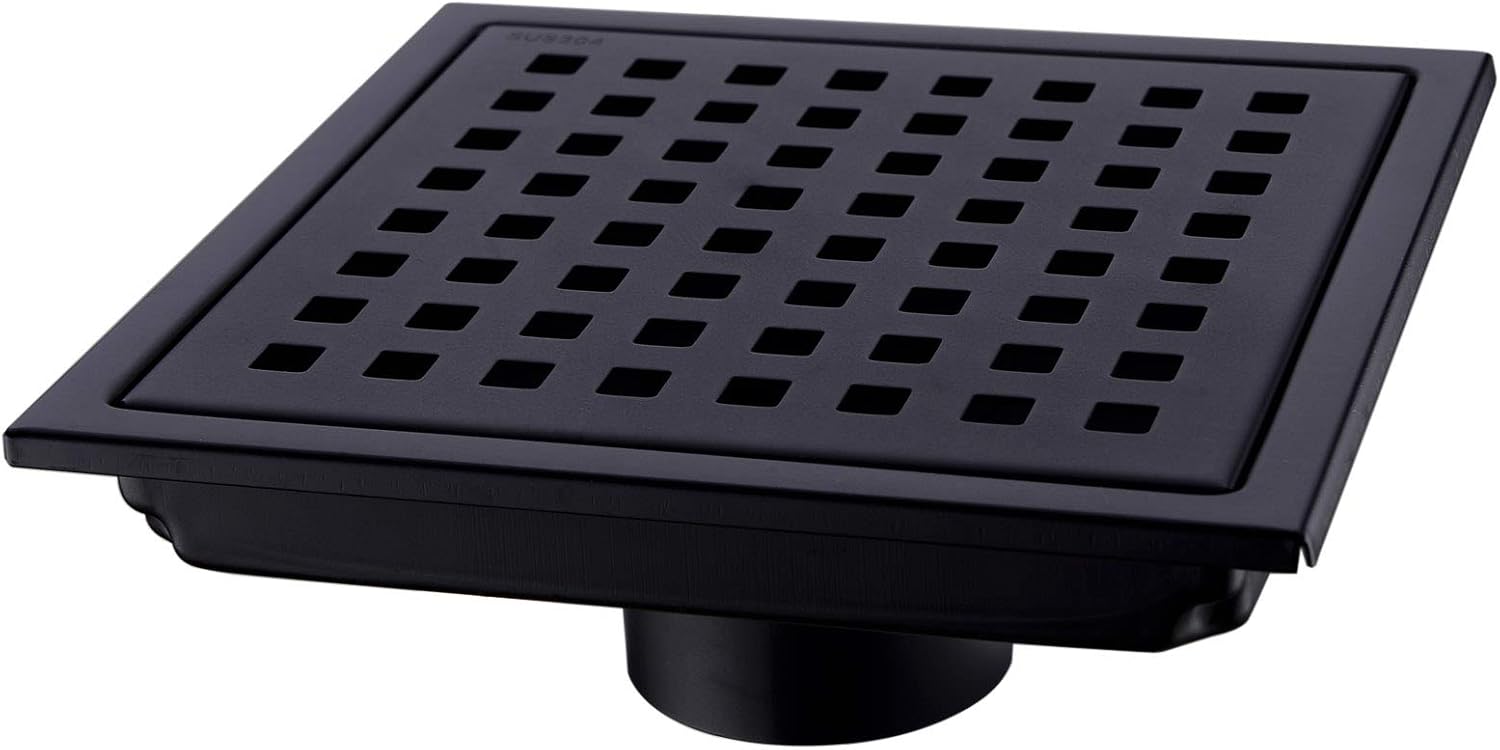 Orhemus Square Shower Floor Drain with Removable Cover Grid Grate 6 inch Long, SUS 304 Stainless Steel Black Plated Finish