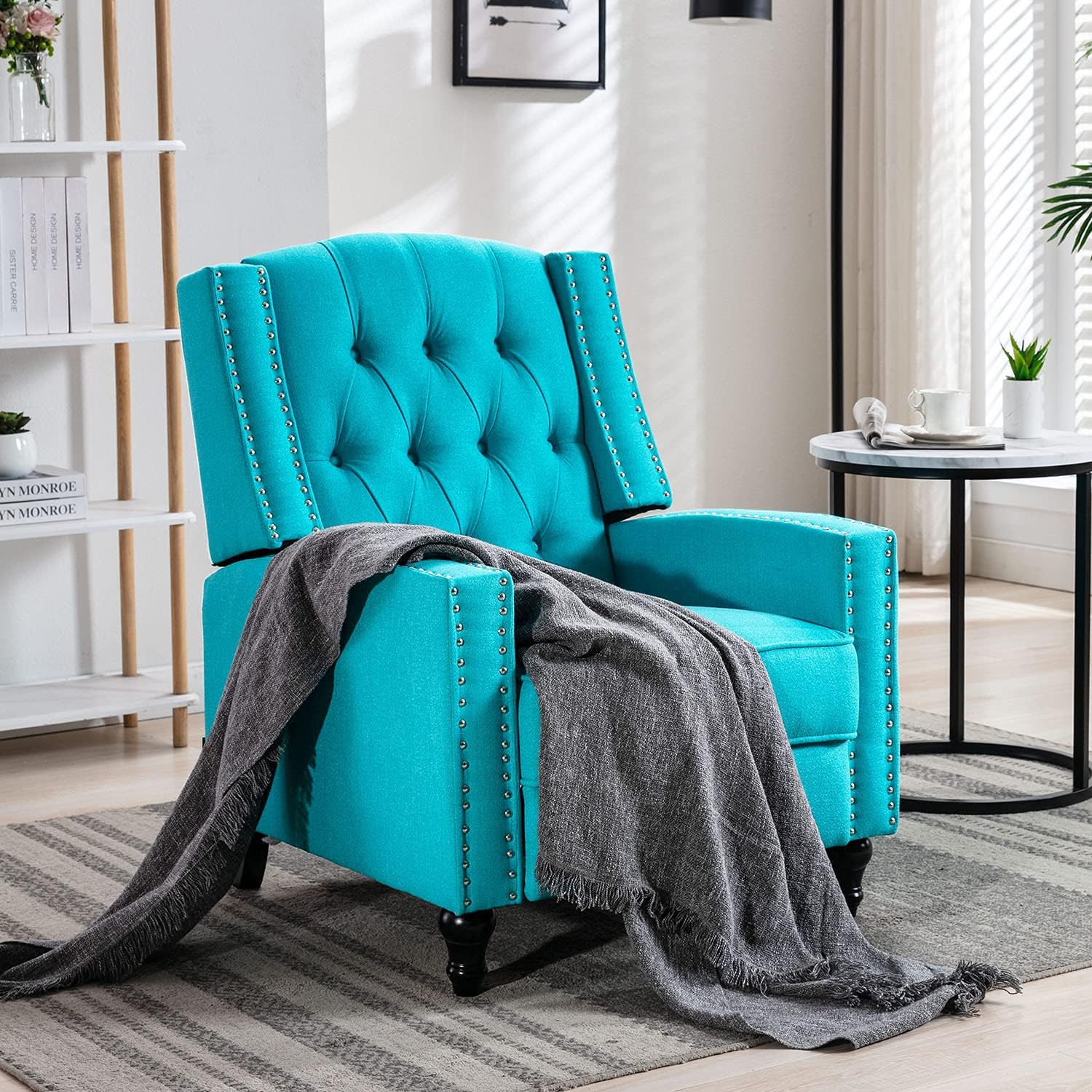 Altrobene Fabric Push Back Lazy Recliner Chair Modern Accent Recliner Chair, Comfy Reading Adult Armchair for Living Room, Bedroom, Office, Caribbean Blue