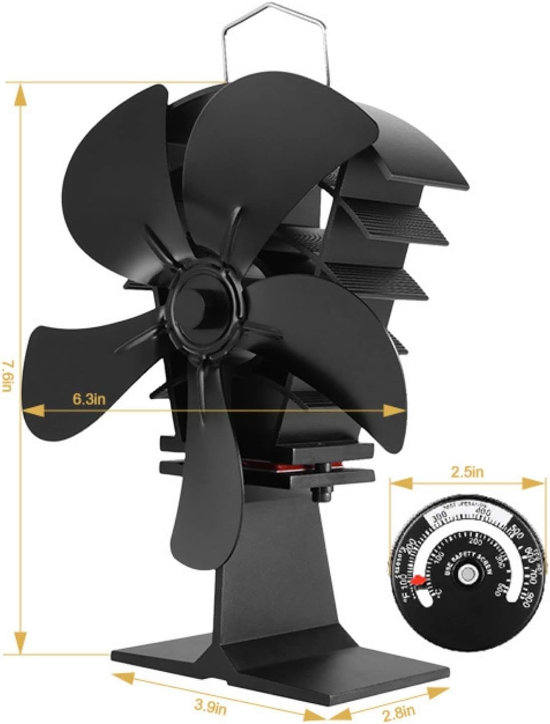 TEENGSE Heat Powered Wood Stove Fan 5 Blades with Thermometer, Silent Fireplace Top Fan for Home Wood Burning Heater Eco-friendly High Efficient Thermal Heat Distribution Accessories-Black Pack of 2