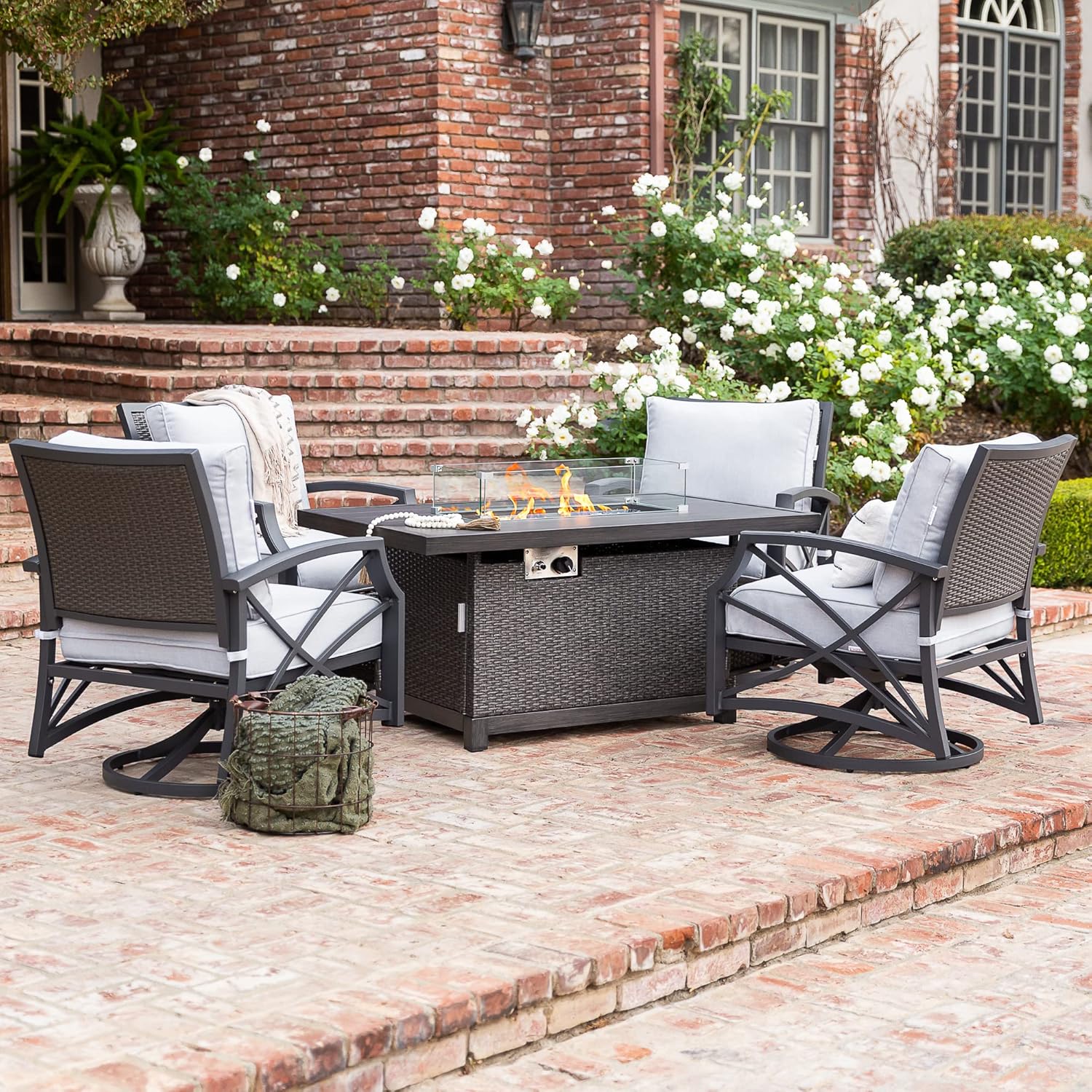 Kinger Home 5-Piece Rectangular Propane Fire Pit Set, Outdoor Dining Table Set with Fire Pit, Fire Pit Set with Chairs, Cushions and Fire Pit Accessories Included