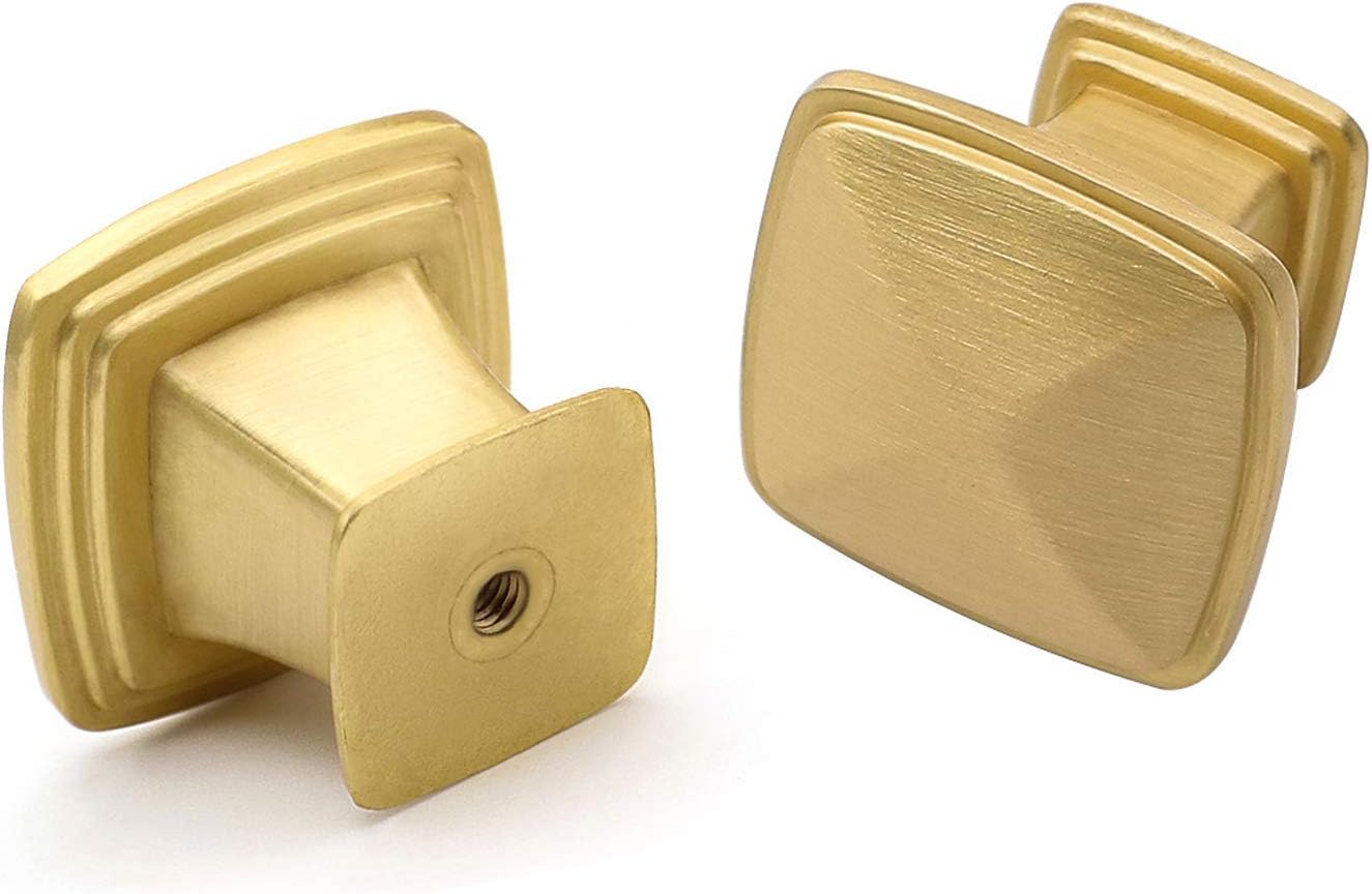 25 Pack Cabinet Door Knobs, goldenwarm Brushed Brass Knobs Gold Drawer Knobs - LS8791GD Kitchen Knobs Gold Cabinet Door Knobs Solid Square Drawer Knobs, 1.2inch Width Pack of 2