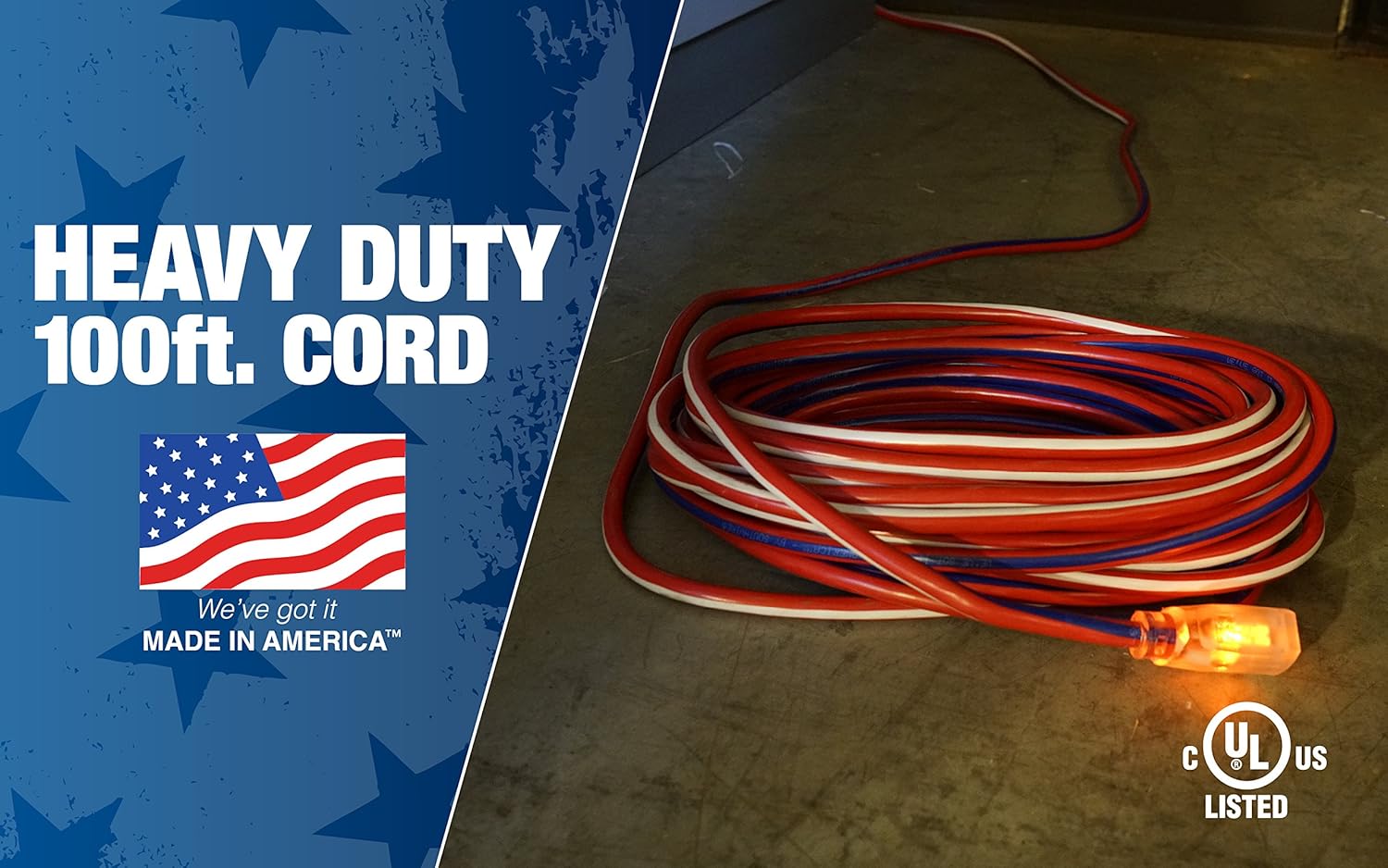 Southwire 2549SWUSA1 100-Feet, Contractor Grade, 12/3 Extension Cord, With Lighted End; Red White And Blue, American Made Extension Cord, Indoor and Outdoor Use, Water Resistant Flexible Jacket