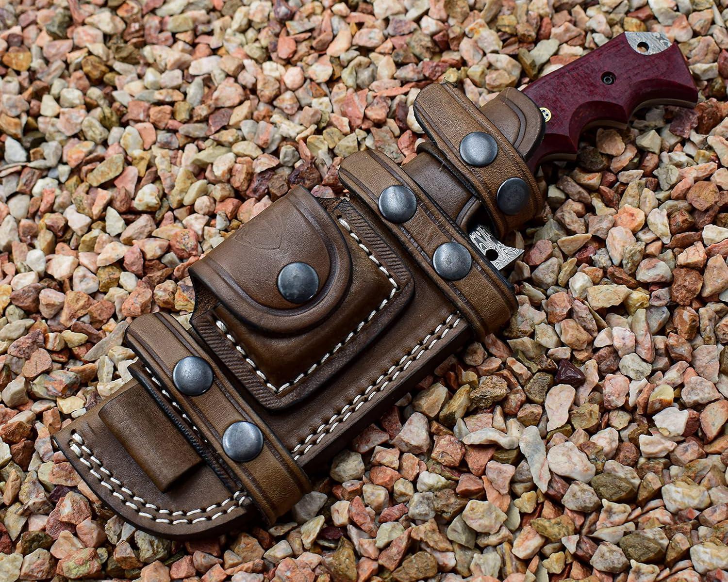 STAGHORN USA Damascus tracker knife with sheath | Damascus steel knife tracker knives with sheath, horizontal knife sheath with knife | scout carry knife with sheath, camping tracker knife with horizontal sheath