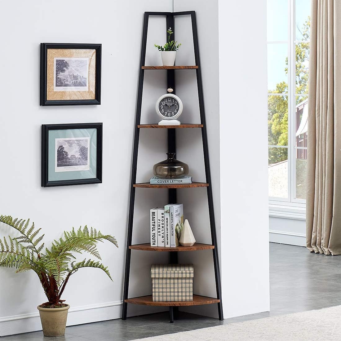 O&K FURNITURE 5-Shelf Corner Etagere Bookcase for Small Space, Industrial Tall Corner Bookshelf, Gray-Brown Finish