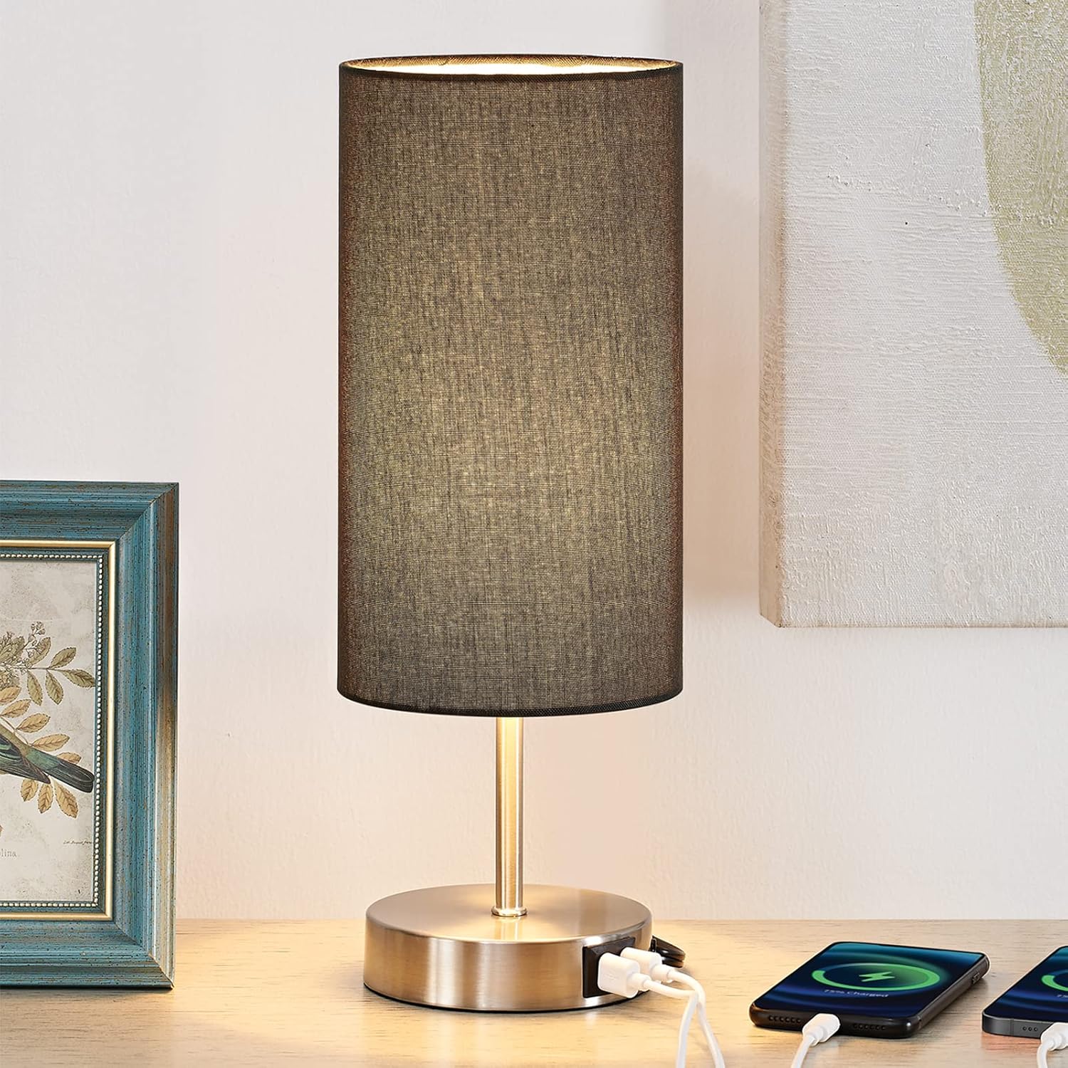 Bedside Lamp with 2 USB Ports, KINNARY 3-Way Dimmable Touch Control Table Lamp for Bedroom, Nightstand Lamp with Round Black Fabric Shade for Living Room Home Office (E26 LED Bulbs Included)