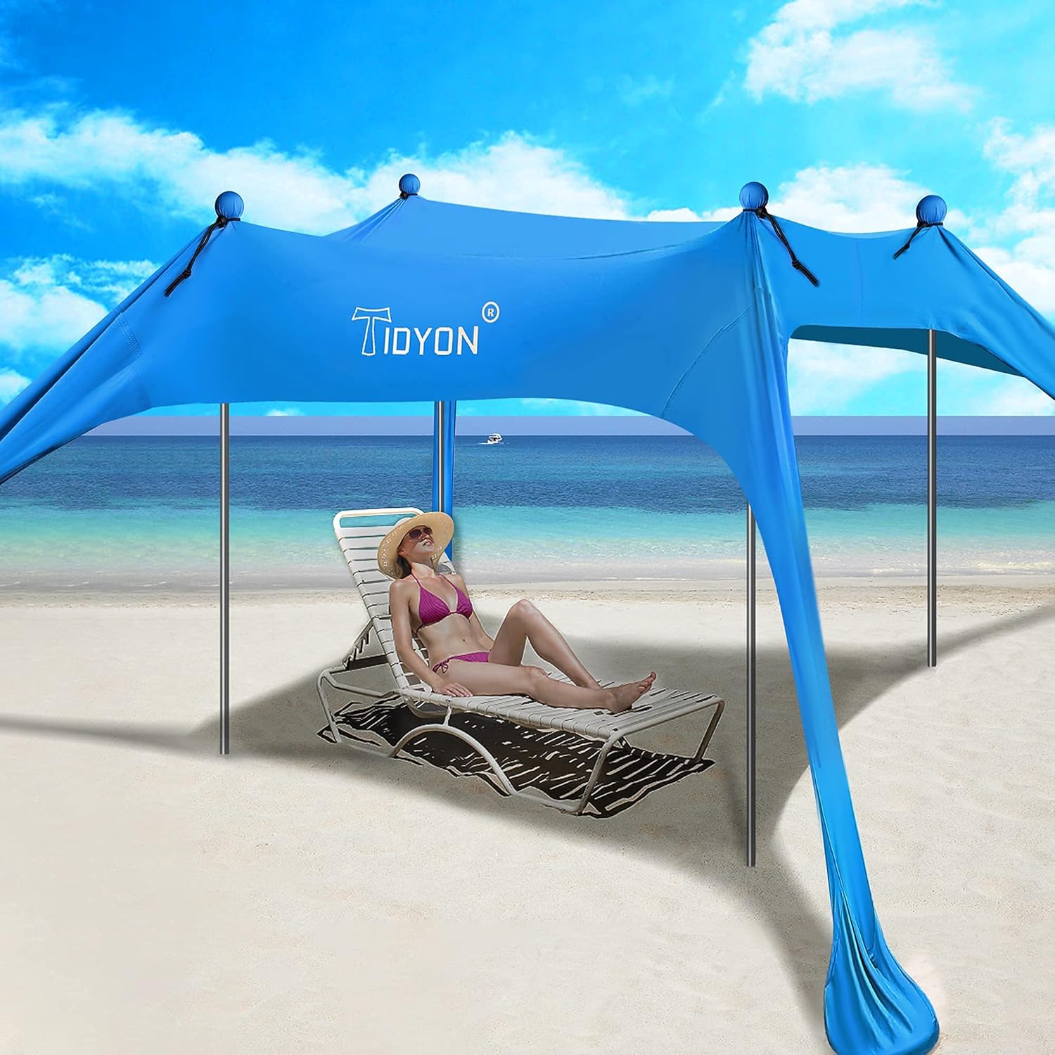 TIDYON 10X10FT 4Poles Beach Canopy Family Sun Shelter Pop Up Beach Tent Sun Shelter Outdoor Shade for Camping Trips & Fishing & Picnics (Blue)