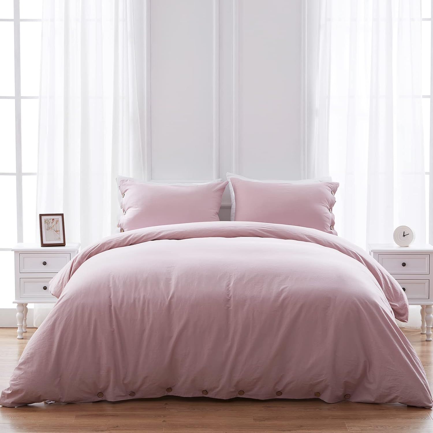 SunStyle Home 100% Washed Cotton Duvet Cover Set Breathable Soft Queen Light Brown Duvet Cover 3 Pieces Solid Color Bedding Set with Buttons Closure Comforter Cover Set (1 Duvet Cover +2 Shams) Pack of 2