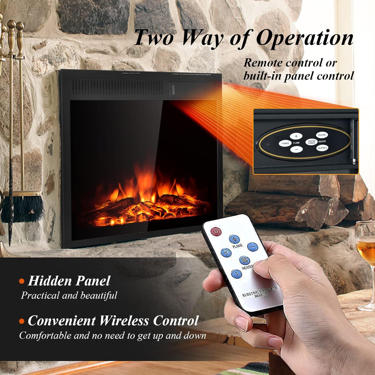 COSTWAY Electric Fireplace Inset 22.5-Inch Wide, 1500W Recessed and Freestanding Electric Log Set Heater with Remote Control, Adjustable Flame Brightness, Inserted Decorative Fireplace for Home