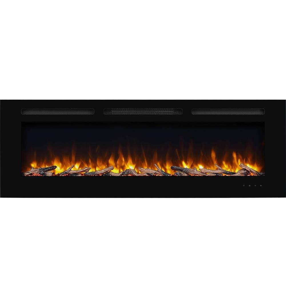 PuraFlame Alice 60x22 Recessed Electric Fireplace, Wall Mounted for 2 x 6 Stud, Log Set and Crystal, 1500W Heater, Black