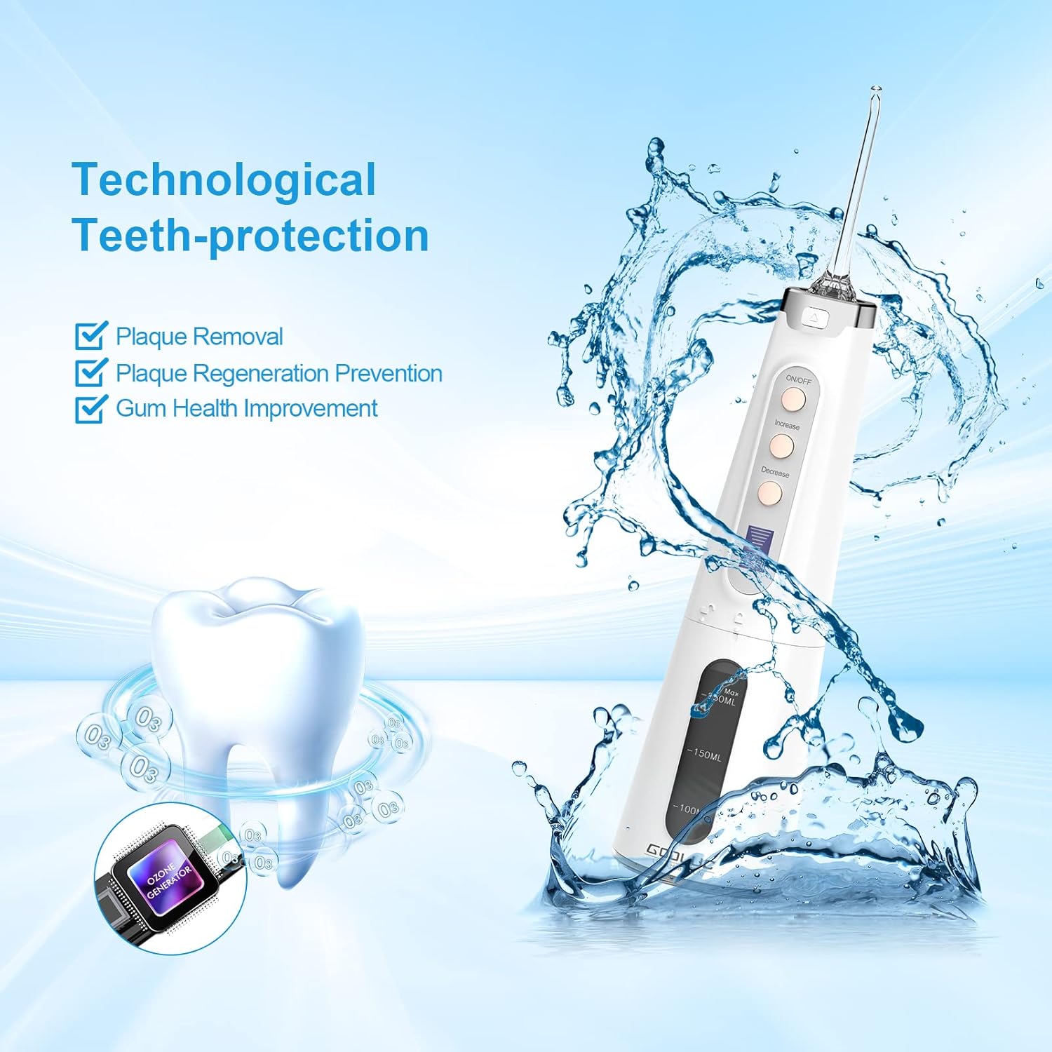Cordless Water Flosser, GOOLUC Ozone Generator Dental Oral Irrigator for Teeth, Gums and Braces, Water Teeth Cleaner with 8 Modes, Waterproof Rechargeable and Portable for Home and Travel