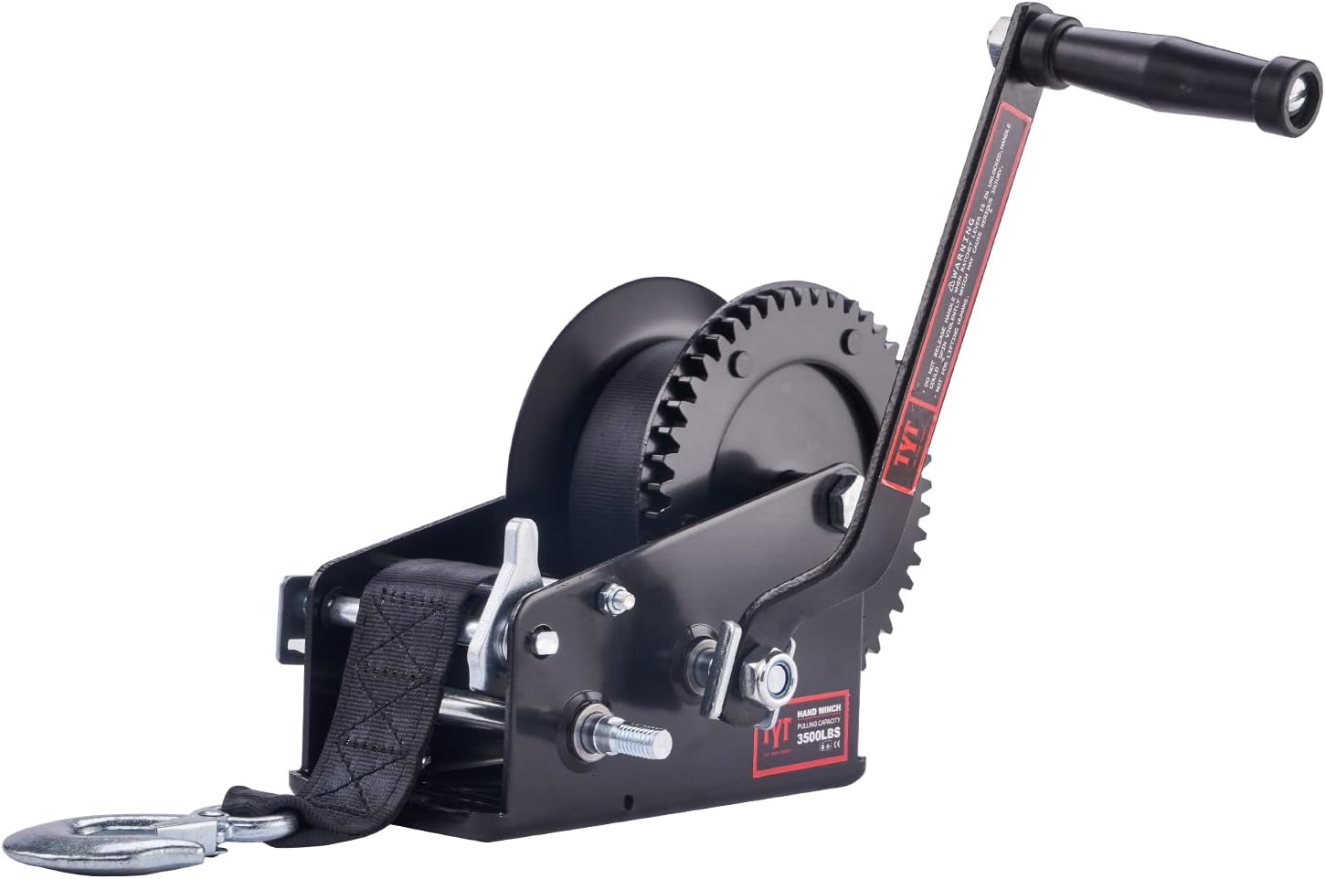 TYT 3500lbs Boat Trailer Hand Winch with 10m/32ft Black Strap, Hardened Steel 2 Gear Manual Crank Winch with Heavy Duty Hook for ATV RV Truck Marine Winch (3500lb with Black Strap Black Winch) Pack of 2