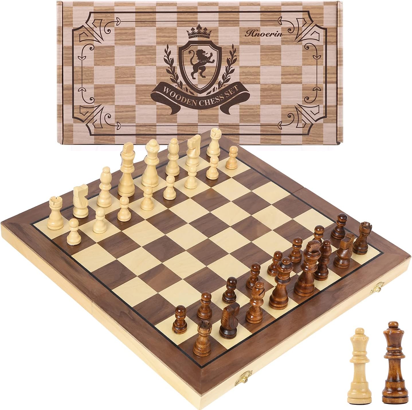 Hnoerin 15 Inches Magnetic Chess Set Large Folding Wooden Chess Board Handmade Staunton Style Chess Pieces Interior Storage for Pieces Pack of 2