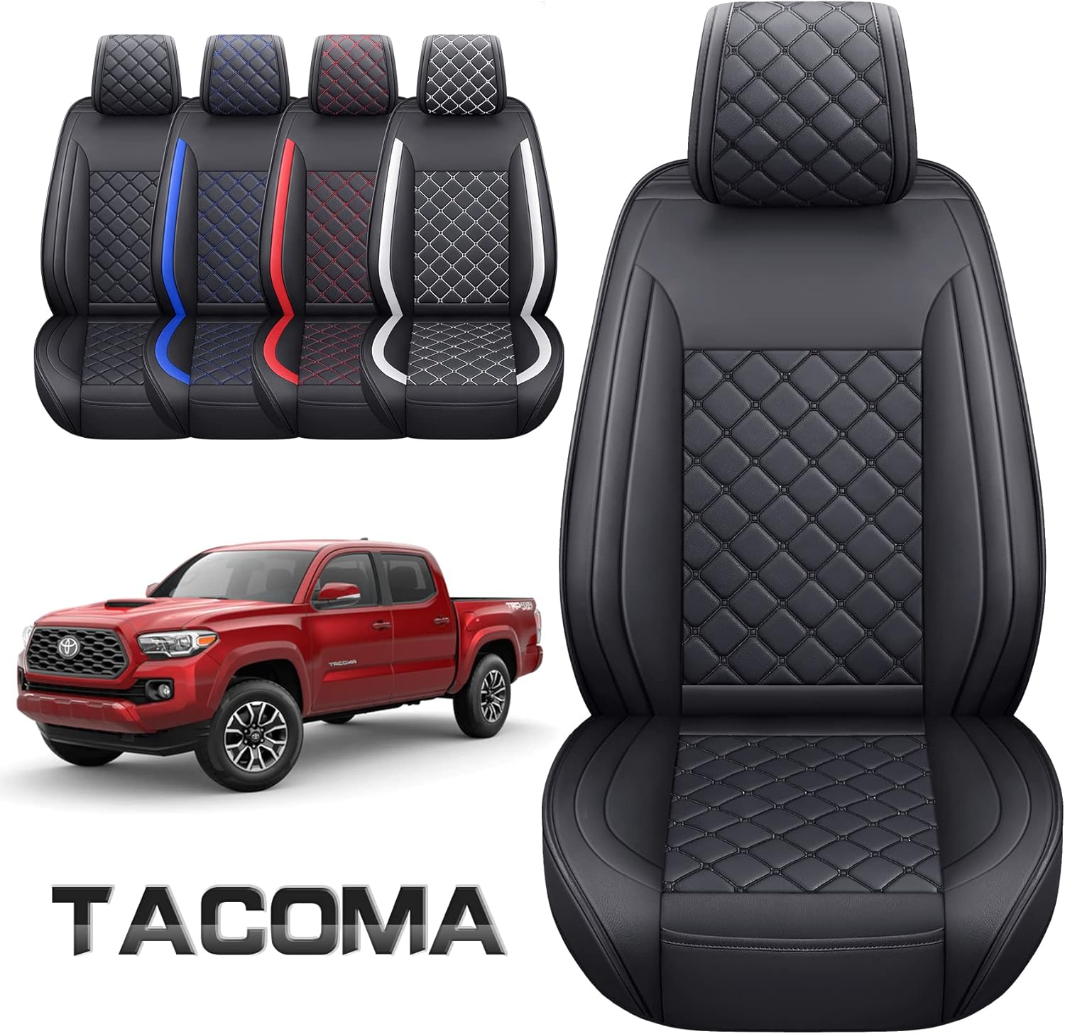 Tomatoman Car Seat Covers Customized for 2005-2022 Toyota Tacoma Double Cab TRD Off-Road Sx Package Nightshade Edition Pickup Truck, Waterproof Faux Leather Cushions(Full Set, Black-Red)