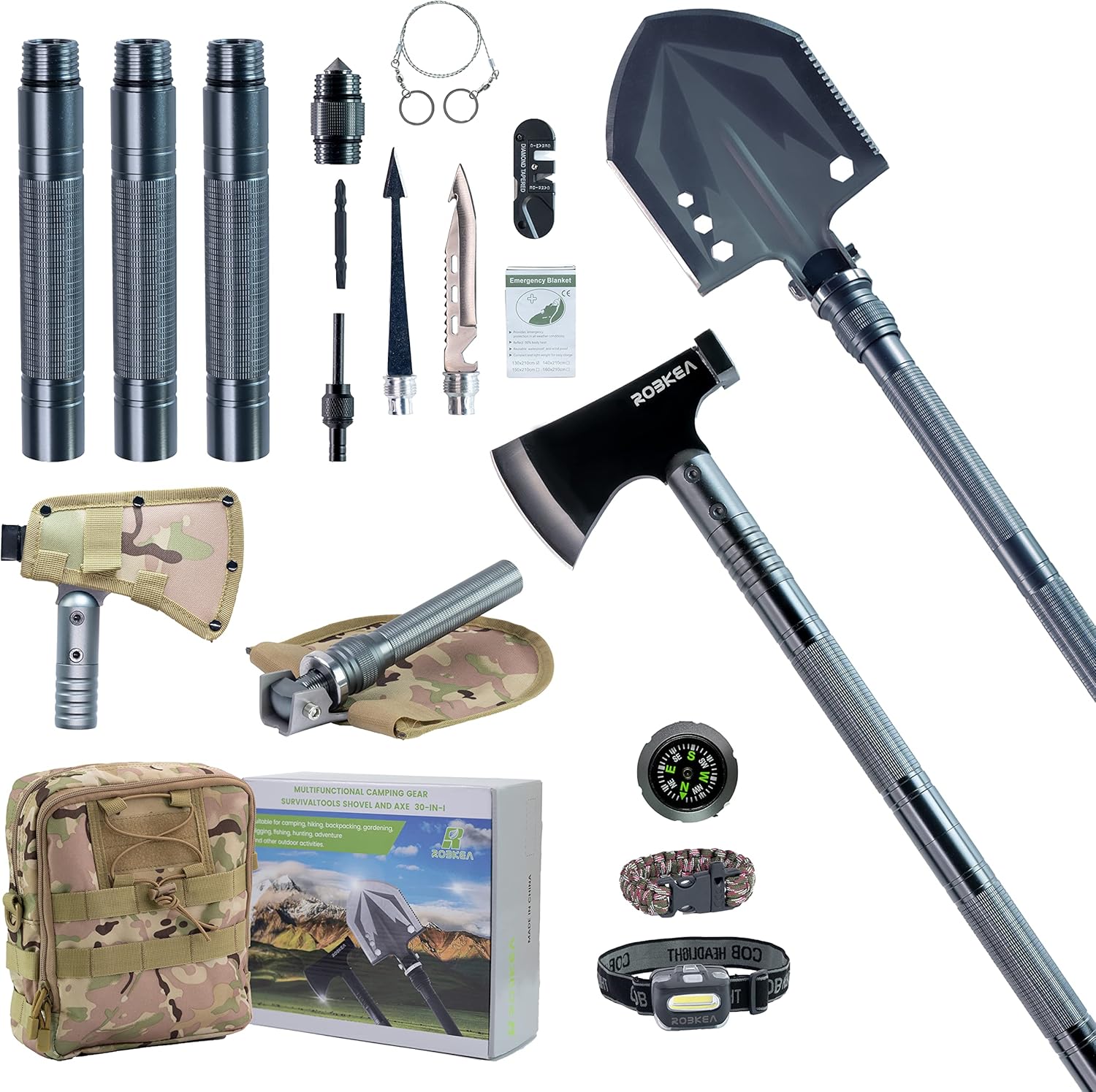 Robkea, 30 in 1 Survival Shovel with Multifunctional Axe, Camping Folding Shovels Hatchet with16.7-38.9 inch Lengthened Handle, Tactical Accessories for Hiking, Hunting, Backpacking, Trenching