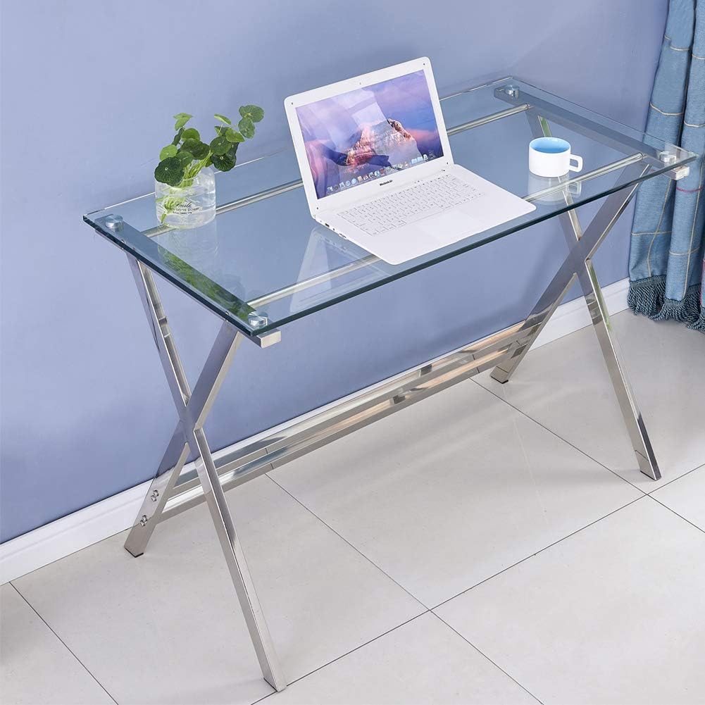 Modern Computer Desk Tempered Glass Small Computer Table for Small Spaces, Gaming Desk Study Table Workstation for Home Office Desks Console Table, Easy to Clean
