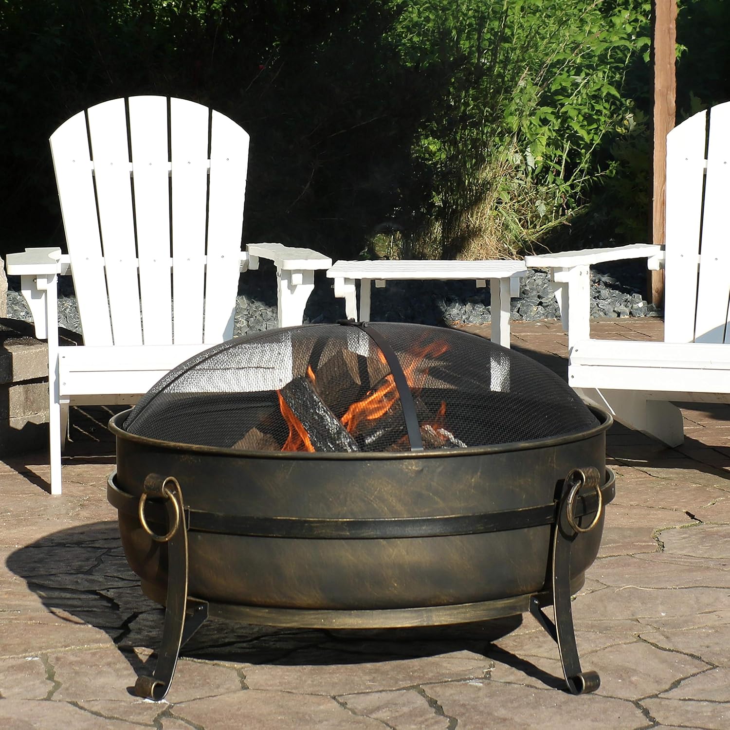 Sunnydaze Outdoor Cauldron Fire Pit - 34-Inch Backyard & Patio Wood-Burning Fire Pit for Outside with Round Spark Screen, Fireplace Poker, and Metal Grate