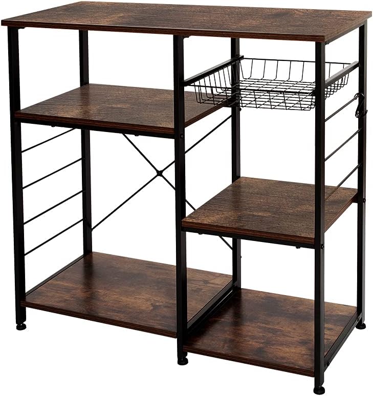 AZL1 Life Concept Bakers Industrial Kitchen Rack Cupboard with 10 Hooks, Mesh Panel, 3 Shelves, aAdjustable Feet, for Microwave Oven Cooking Utensils, 33.1 inches, Rustic Brown2