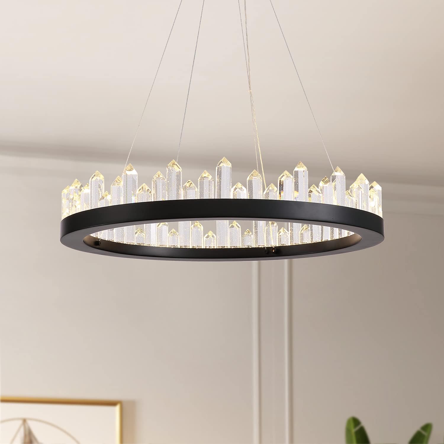 Round K9 Crystal Chandelier Lighting, Siljoy Modern LED Ring Pendant Light with Metal Body for Dining Room Living Room Kitchen Island Dia 23 Inches Black