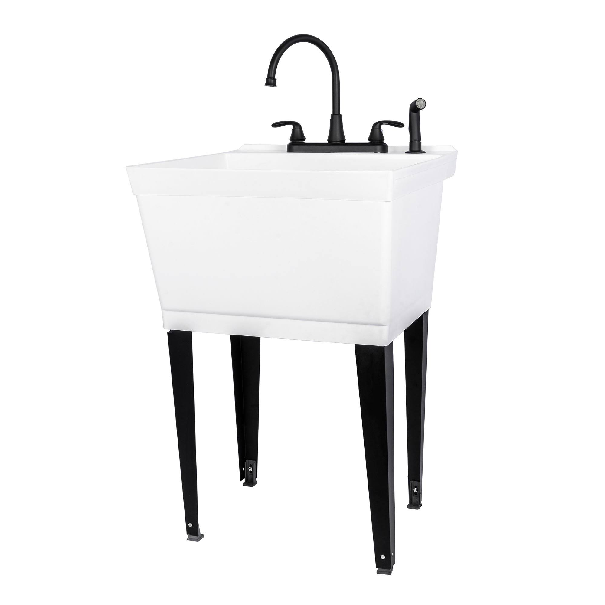 Complete 22.875 in. x 23.5 in. White 19 gal. Utility Sink Set with Black Metal Hybrid Faucet and Side Sprayer