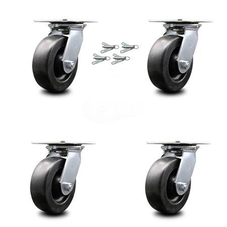 Heavy Duty Large Top Plate Polyolefin Swivel Caster Set of 4 w/6 inch x 2 inch Black Wheels - Includes 4 Swivel w/Bolt on Swivel