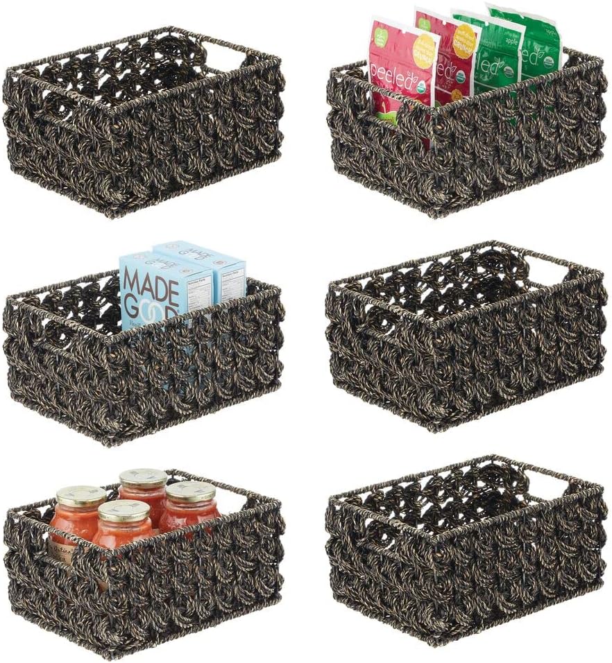 mDesign Woven Seagrass Kitchen Cabinet Pantry Storage Organizer Basket Bin with Handles - Store Fruit, Snacks, Cereal, Oil and Vinegar, Baking Supplies, Pastas, Packets, 6 Pack - Gray Wash Pack of 2