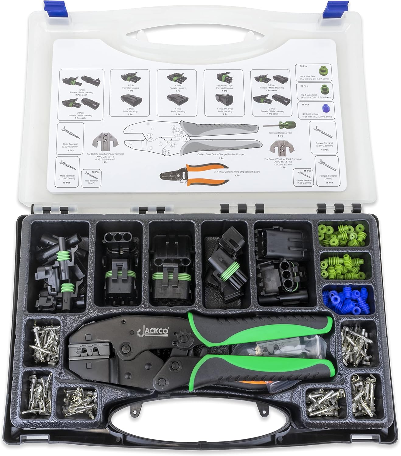 Jackco 225pc Weather Pack Terminal Ratcheting Crimping Tool & Connector Kit - Includes 2 Interchangeable Dies and Wire Strippers
